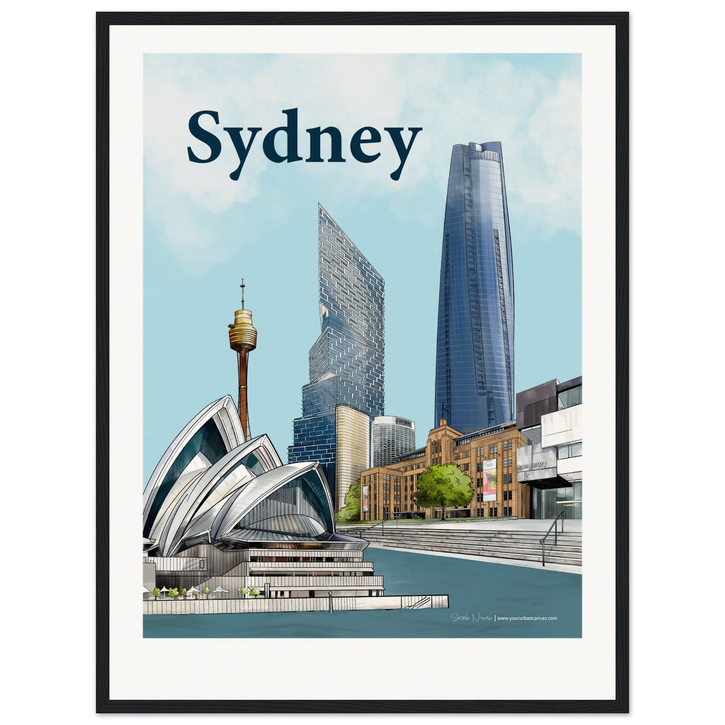 Sydney - Personalised Bold Typography print, size 45x60cm, framed in black, highlighting the striking details of Sydney's customized cityscape.