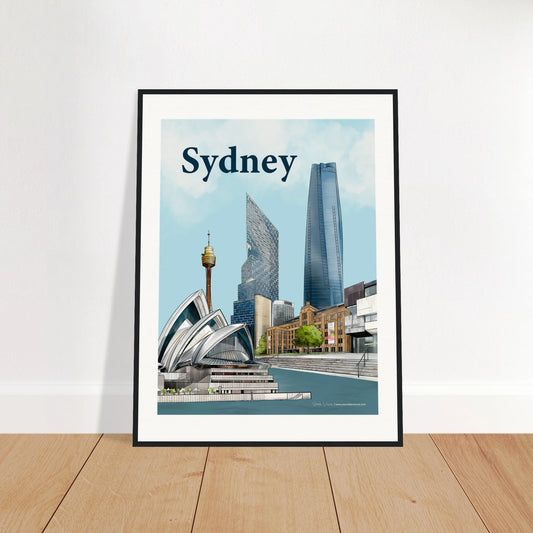 Sydney - Bold Typography print, size 60x80cm, framed in natural wood, displaying a stunning Sydney cityscape with the Opera House, MCA, and modern skyline.