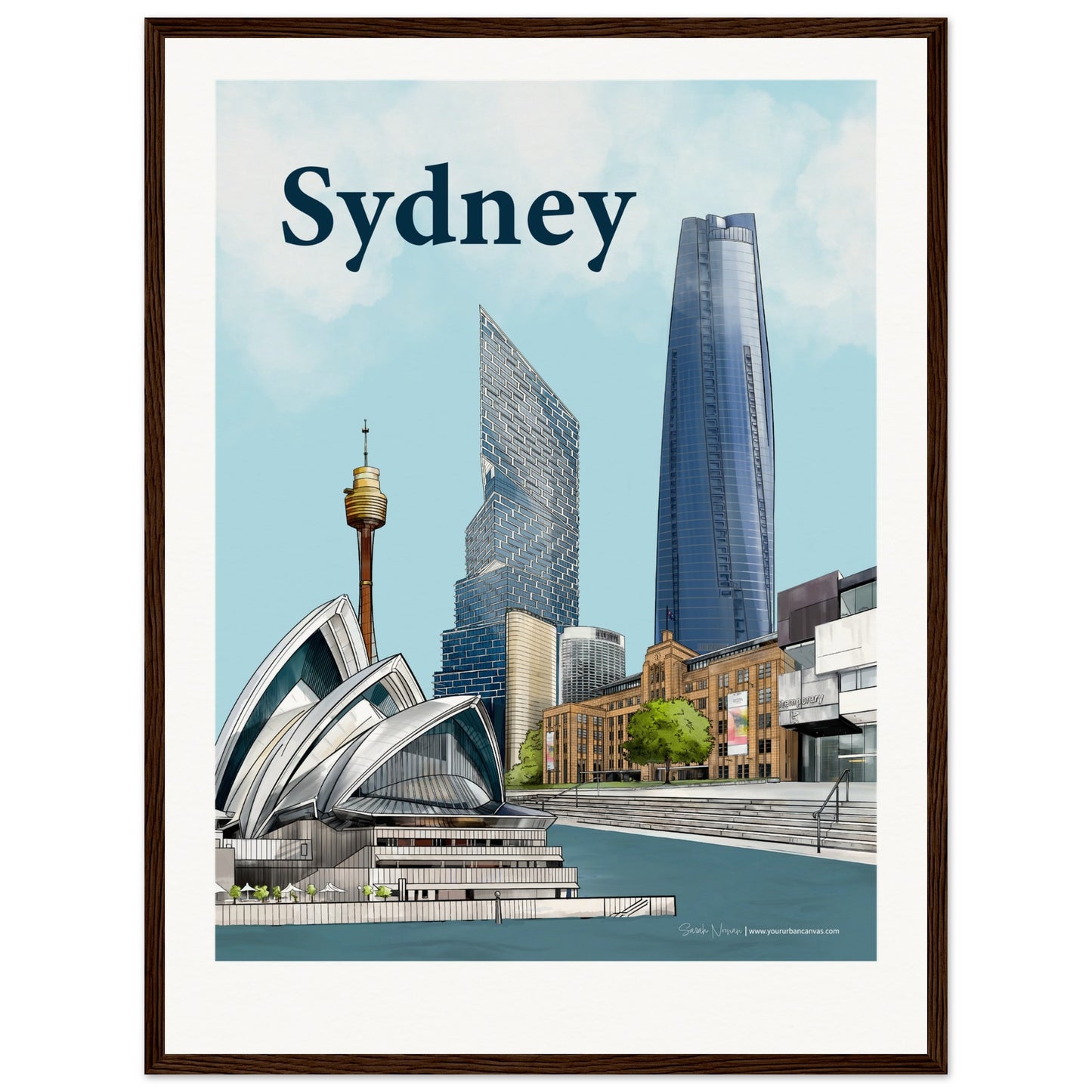 Sydney - Personalised Bold Typography print, size 45x60cm, framed in dark wood, an elegant and customized portrayal of Sydney's skyline.