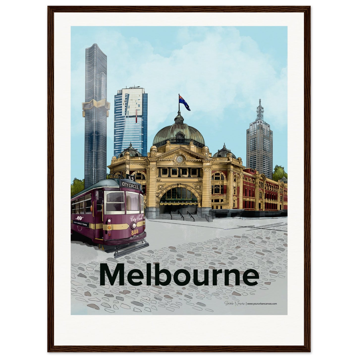 Melbourne - Personalised Bold Typography print, size 45x60cm, framed in dark wood, enhancing Melbourne's landmarks with a Personalised touch.