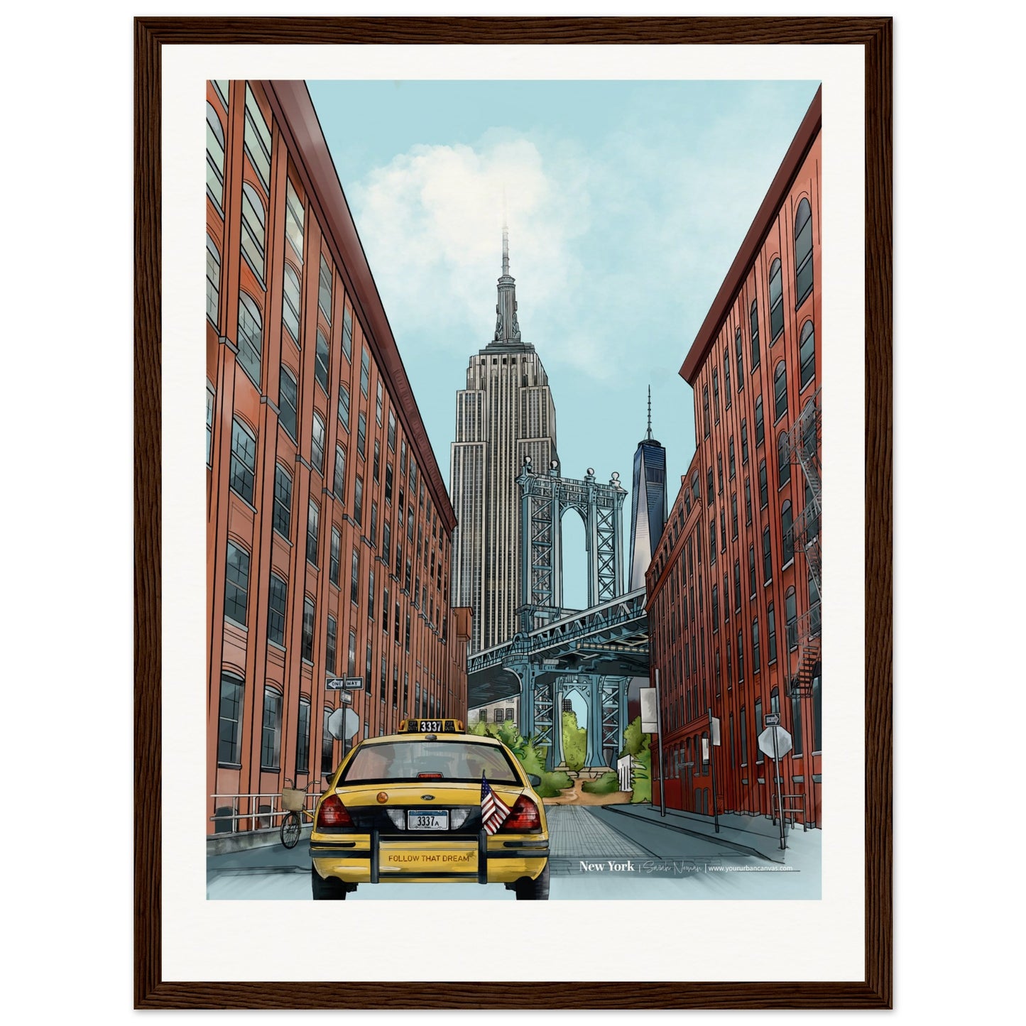 New York - Personalised Subtle Title print, size 30x40cm, framed in dark wood, showcasing the architectural splendour of the Empire State Building and One World Trade Center, personalised for you.