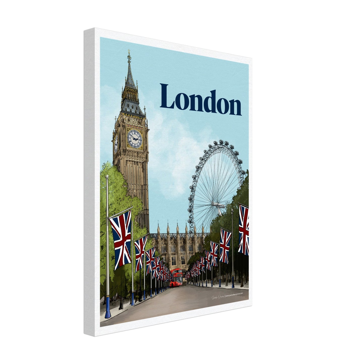 London - Bold Typography on canvas, size 30x40cm, blending bold typography with elements of the London Eye, Big Ben and the Mall.