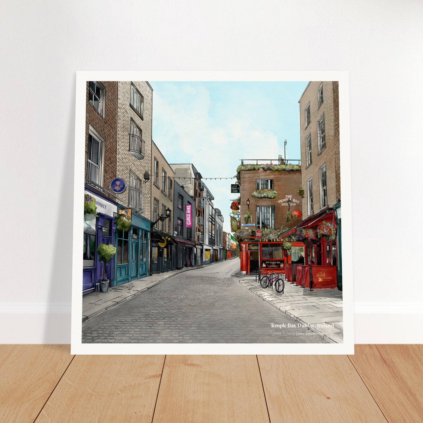 Dublin - Subtle Title print, size 30x30cm, featuring the cobbled streets of Temple Bar and the Temple Bar Inn, all in detailed and colourful illustration.