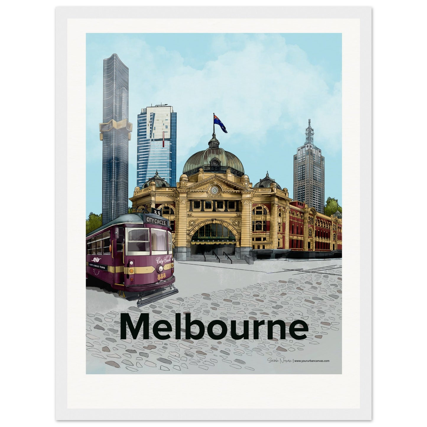 Melbourne - Personalised Bold Typography print, size 30x40cm, framed in white, a bright and tailored depiction of Melbourne's energy.