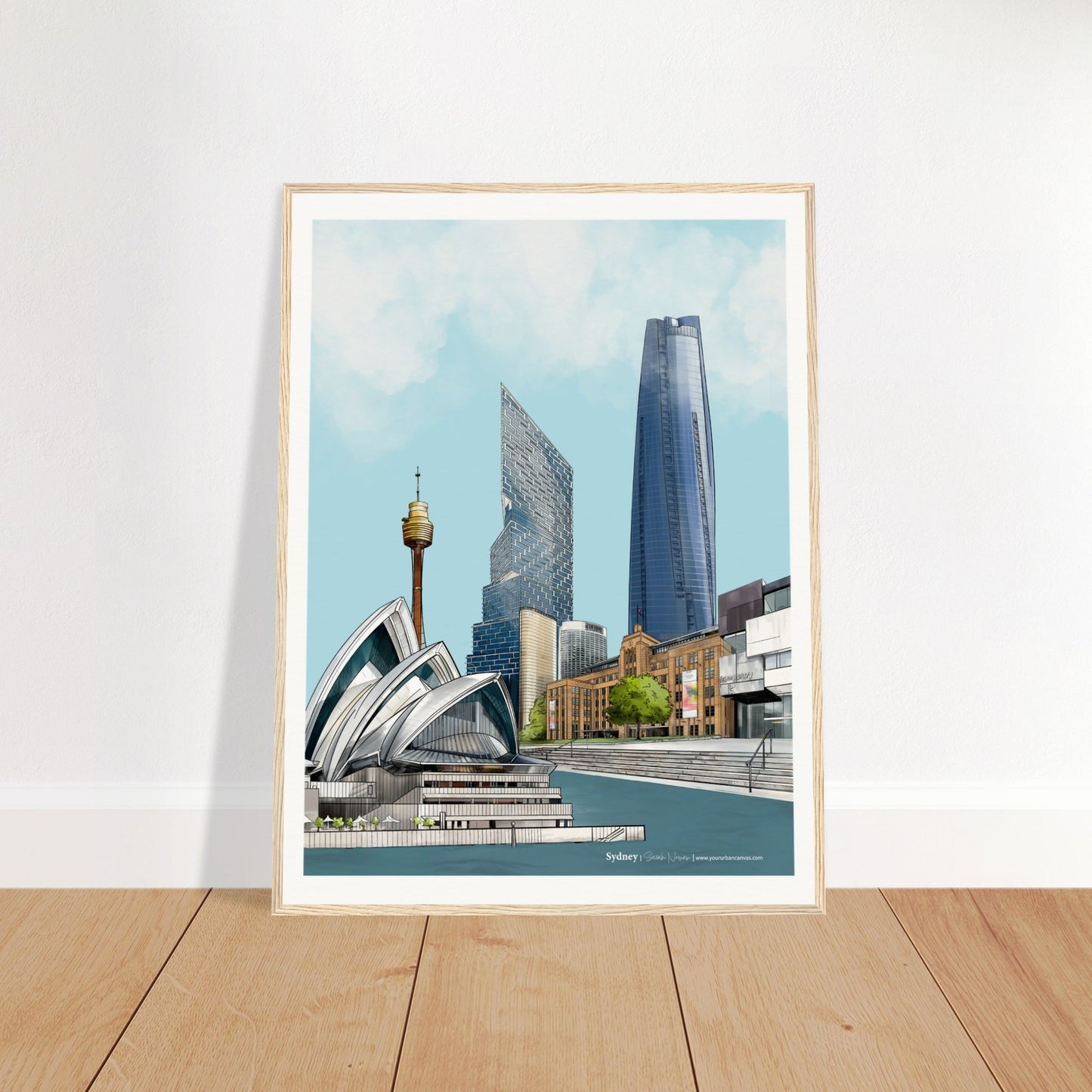 Sydney - Subtle Title print, size 60x80cm, framed in natural wood, enhancing the warmth and charm of Sydney's architectural beauty.
