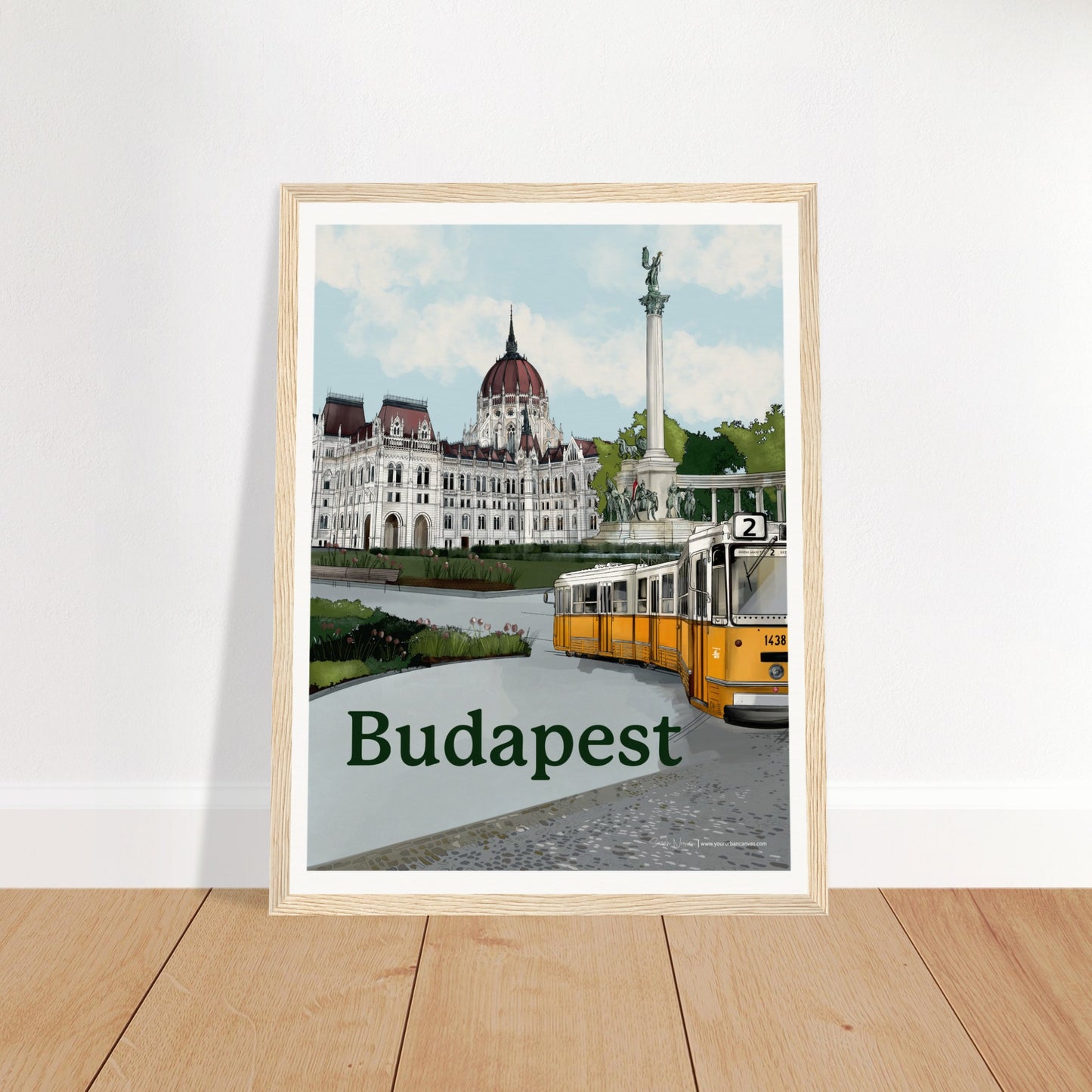 Budapest - Bold Typography print, size 30x40cm, framed in natural wood, showcasing historical Hungary and it's magnificent capital city.