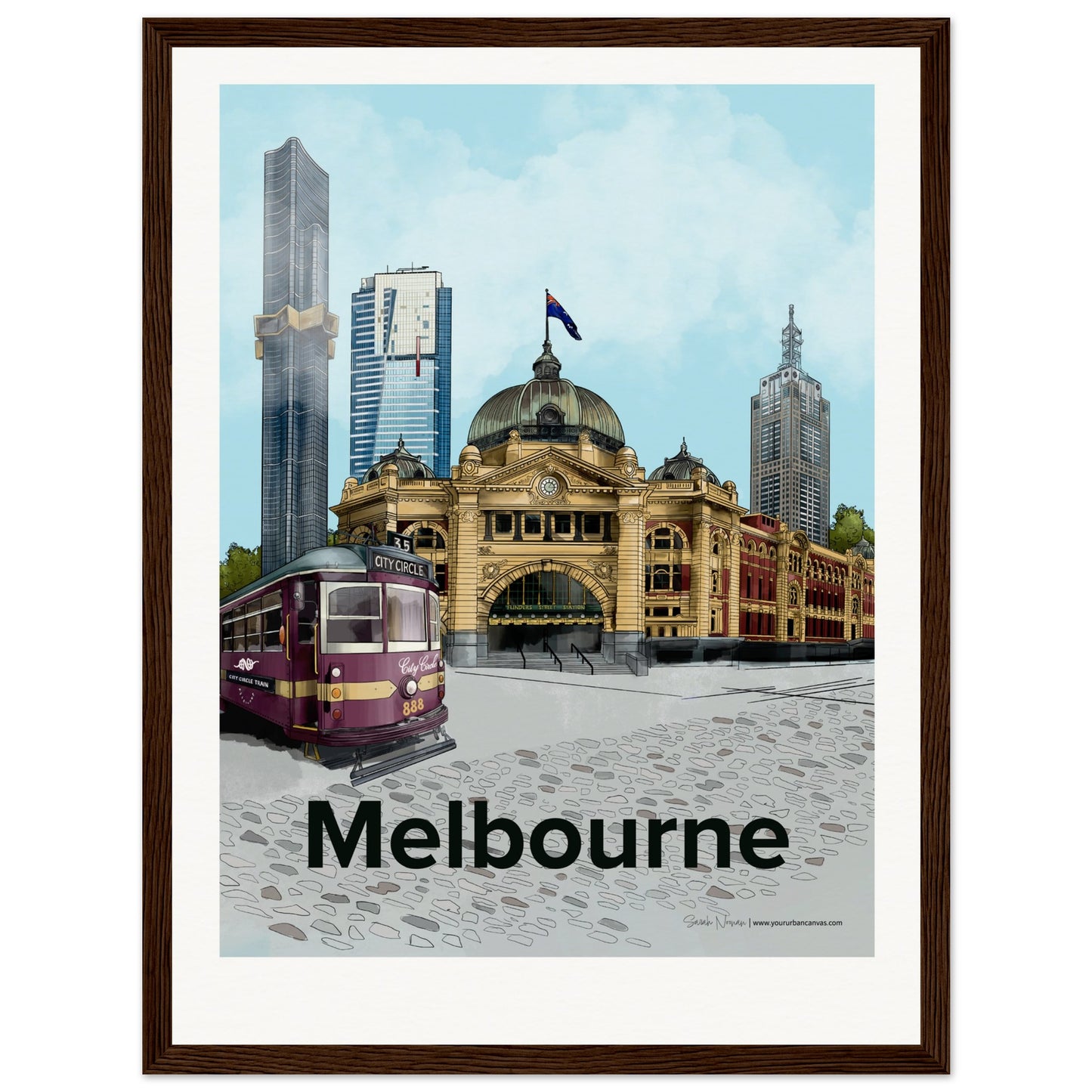 Melbourne - Personalised Bold Typography print, size 30x40cm, framed in dark wood, a rich and customised portrayal of the city's character.