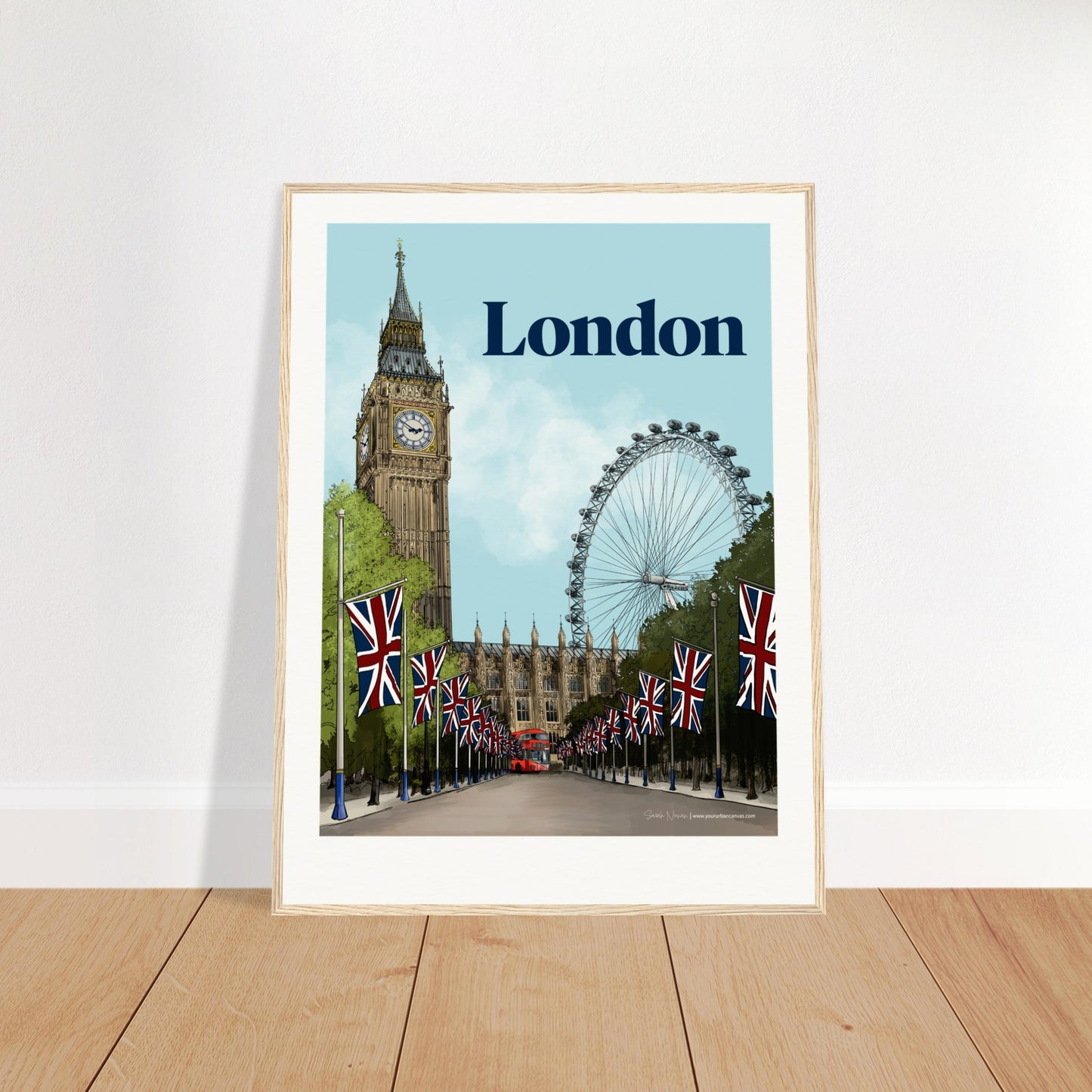 London - Bold Typography print, size 60x80cm, framed in natural wood, intricate painting of the London Eye, Westminster and of Buckingham Palace's tree-lined Mall.