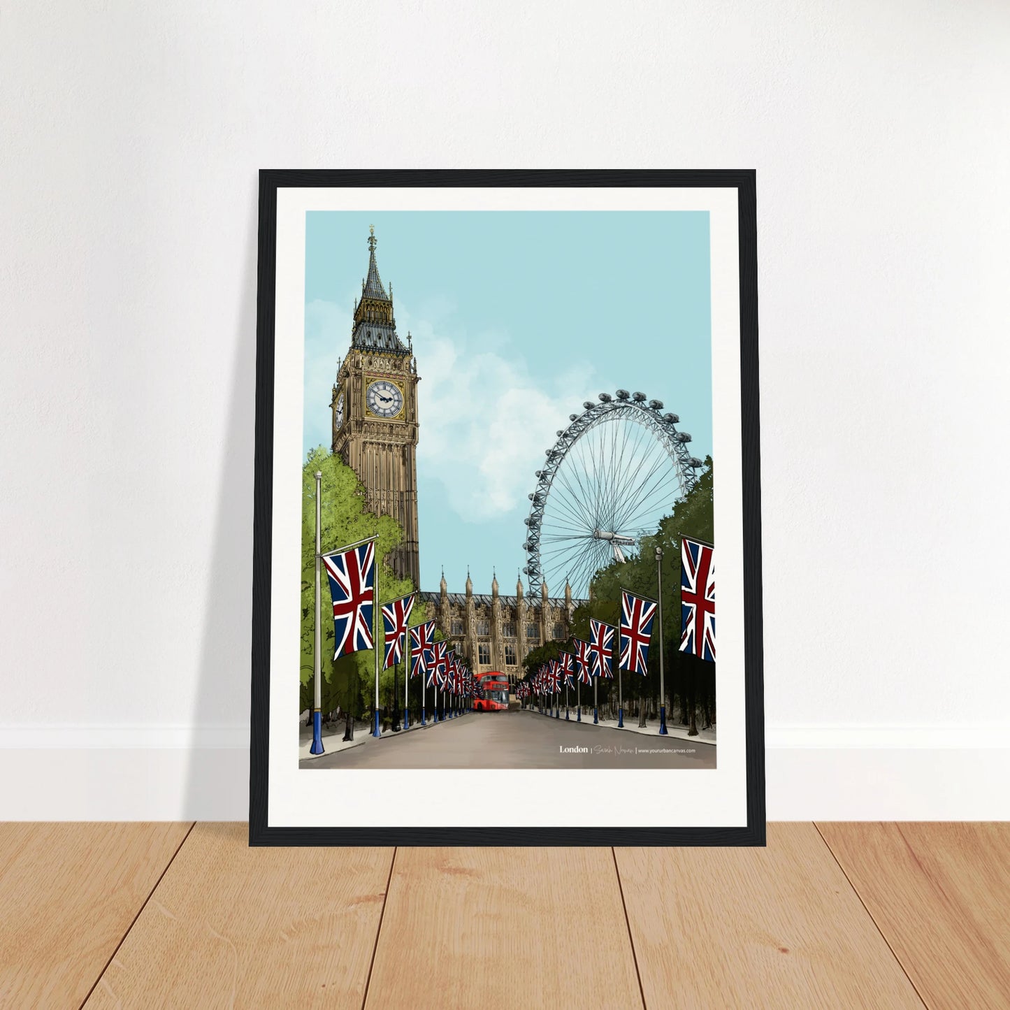 London - Bold Typography print, size 30x40cm, framed in black wood, featuring striking typography with iconic London landmarks like Westminster, Big Ben and of course the iconic red bud.