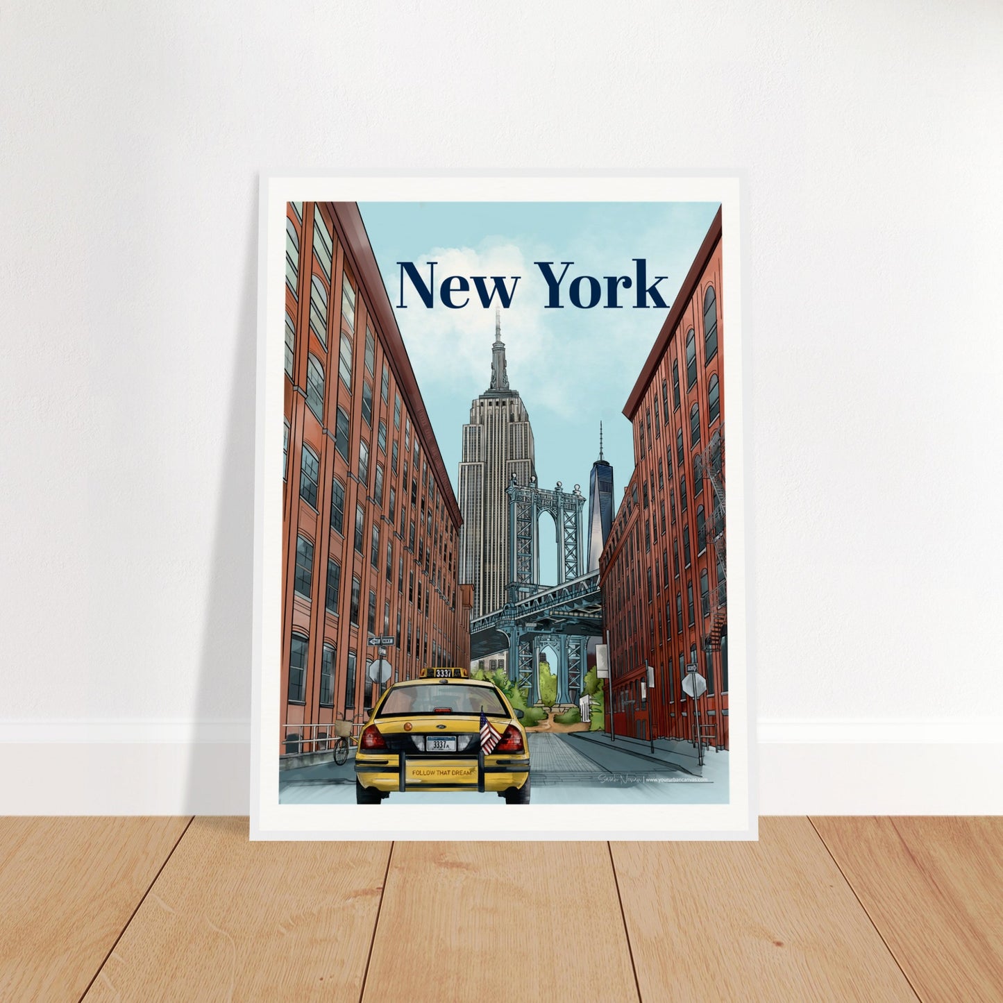 New York - Bold Typography print, size 60x80cm, framed in white wood, capturing the vibrance of NYC with the Manhattan Bridge from Dumbo, the Empire State Building, One World Trade Center, and classic city elements