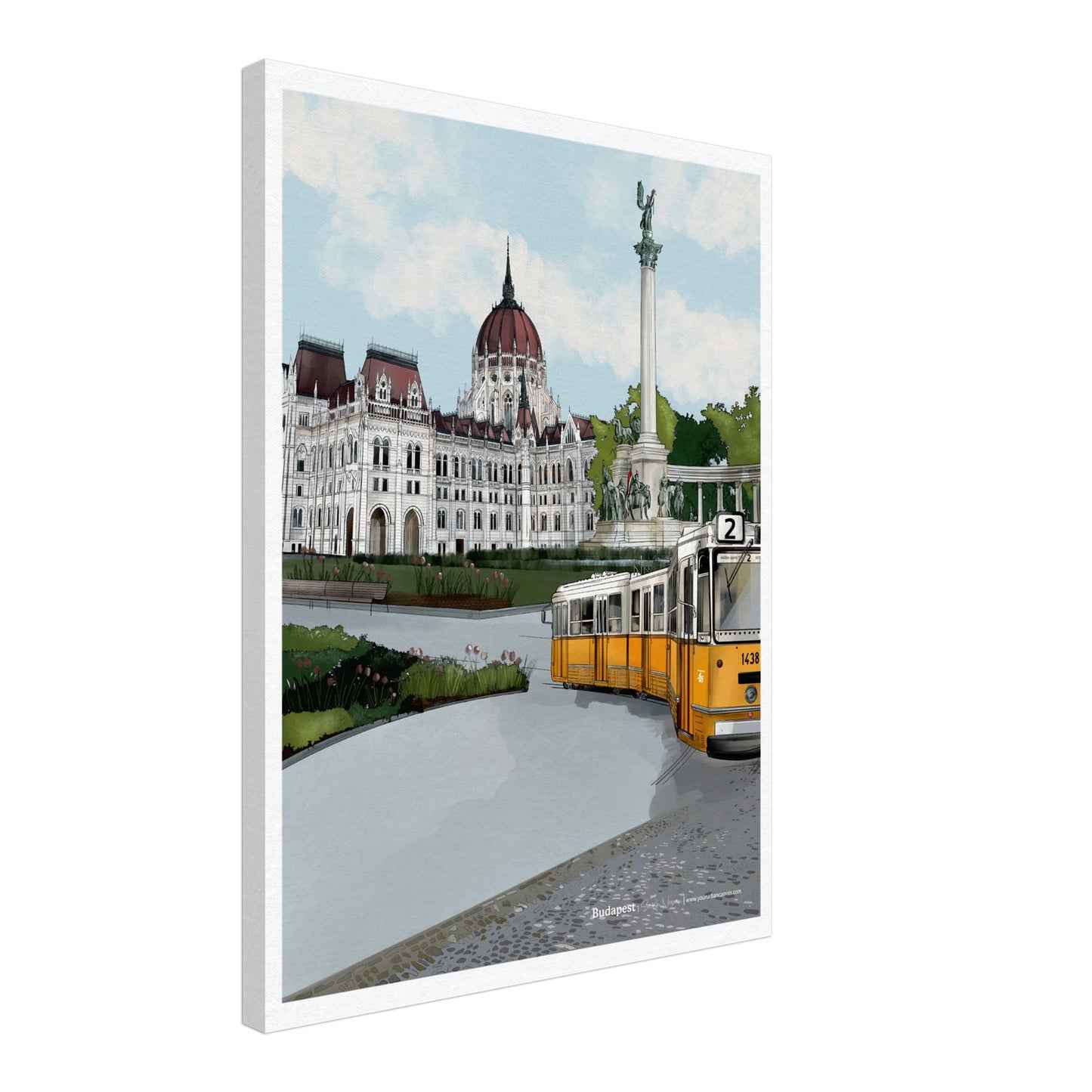 Budapest - Subtle Title print, size 45x60cm, on canvas, showcasing Budapest's stunning landmarks such as the Hungarian Parliament, Heroes' Square, and the yellow tram crossing the cobblestone streets.