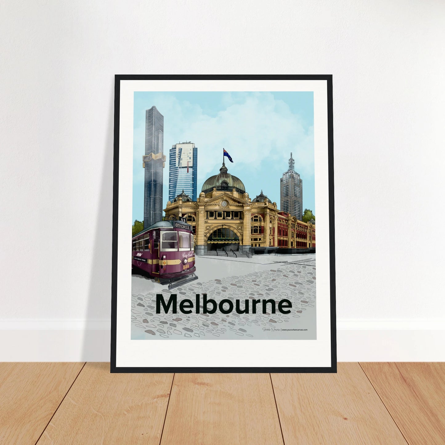 Melbourne - Bold Typography print, size 45x60cm, framed in black wood, featuring the City Circle Tram alongside Flinders Street Station and Australia 108.