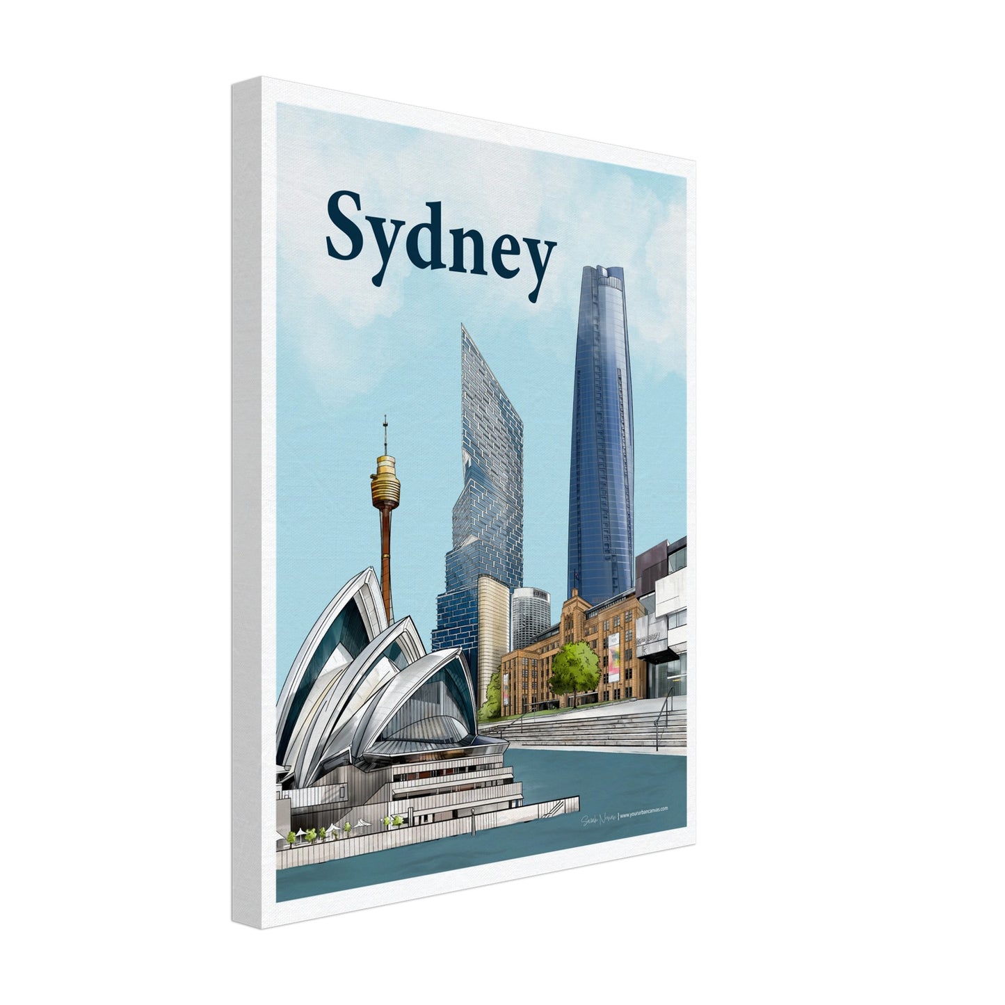 Sydney - Bold Typography canvas, size 30x40cm, showcasing Sydney's waterfront with the Opera House, MCA, Sydney Harbour, and a striking skyline.
