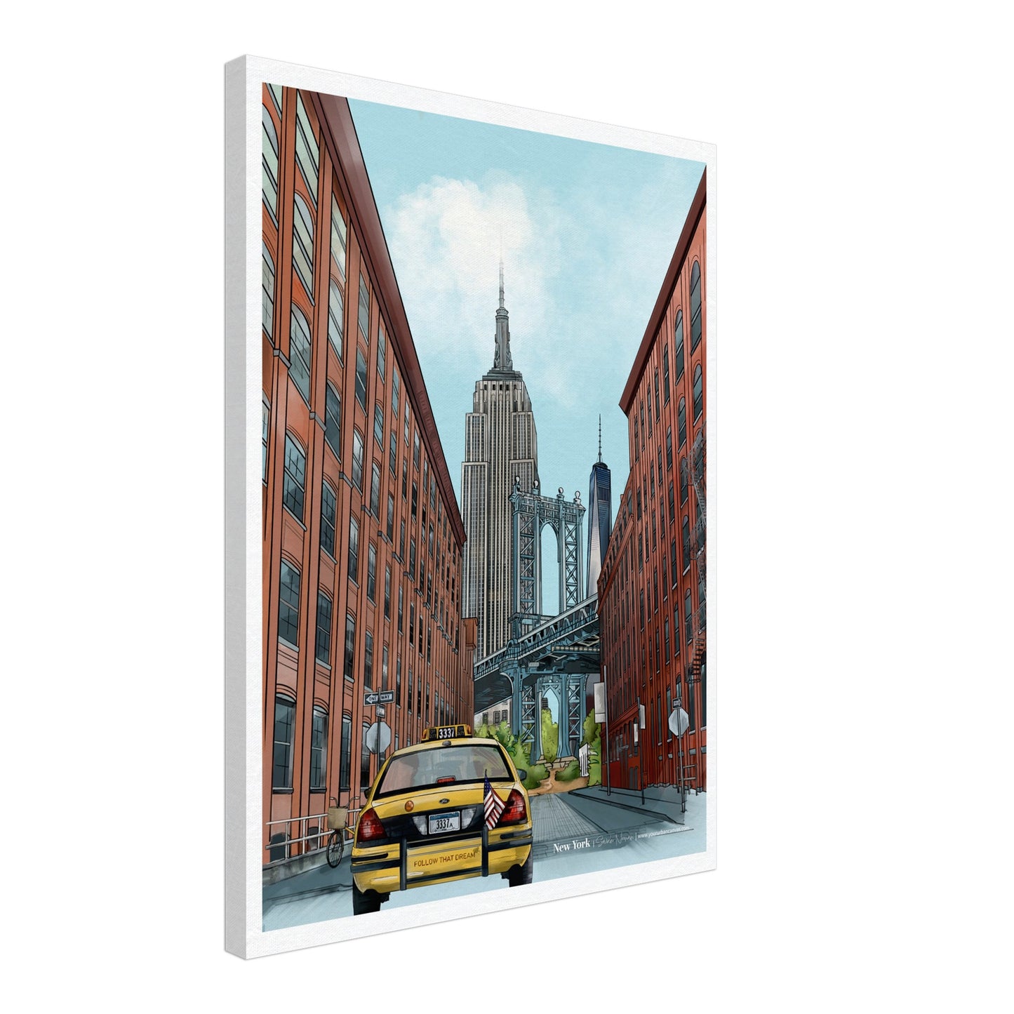 New York - Subtle Title print, size 45x60cm, on canvas, showcasing the dynamic view of the Dumbo Manhattan Bridge and the iconic skyline.
