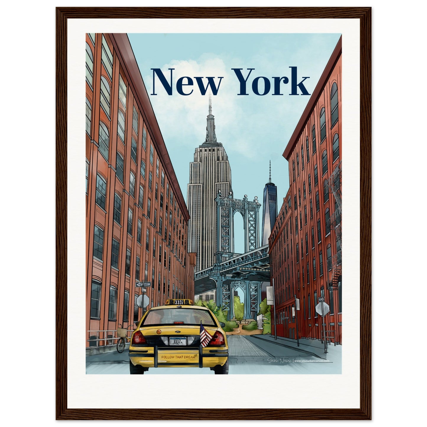 New York - Personalised Bold Typography print, size 30x40cm, framed in dark wood, adding warmth and depth to your customised cityscape.