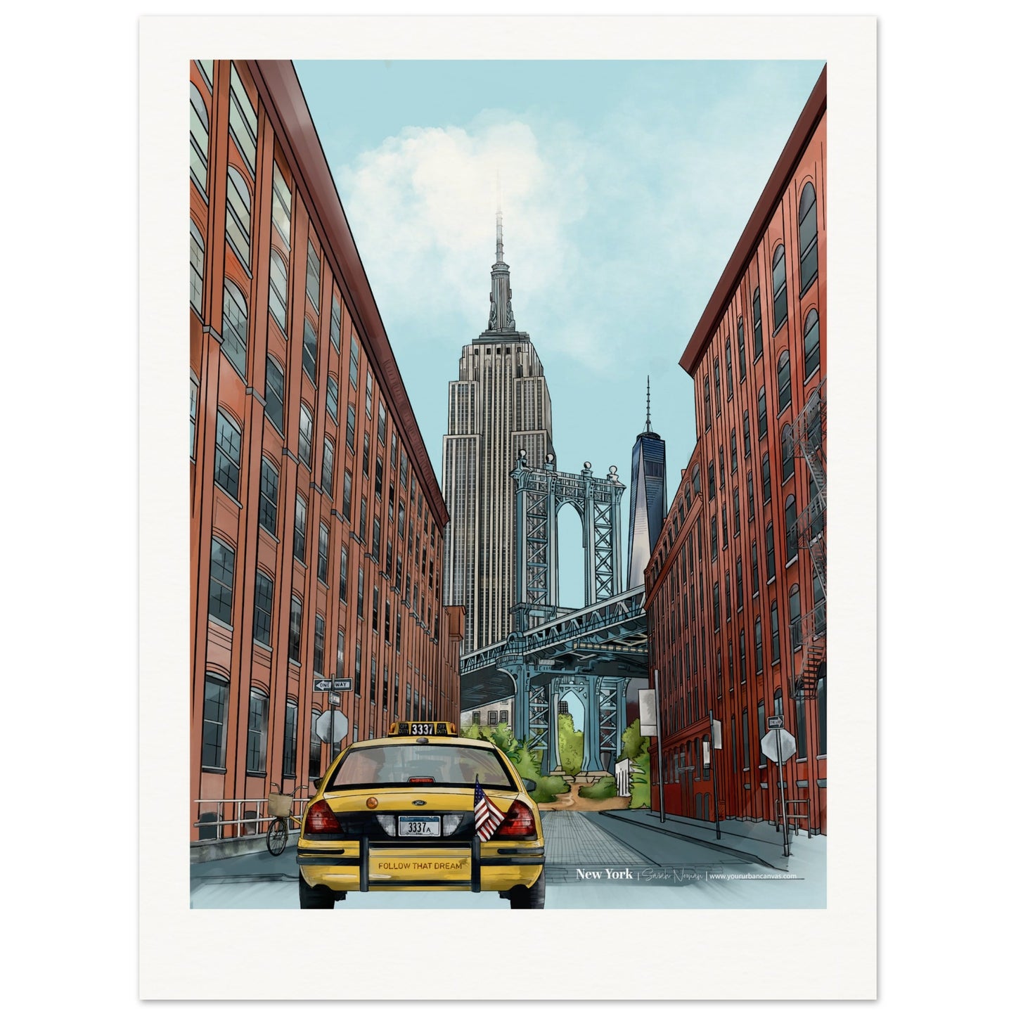 New York - Personalised Subtle Title print, capturing the energy of Manhattan's skyline, the view of Manhattan Bridge from Dumbo, and bustling yellow cabs, with your custom text.