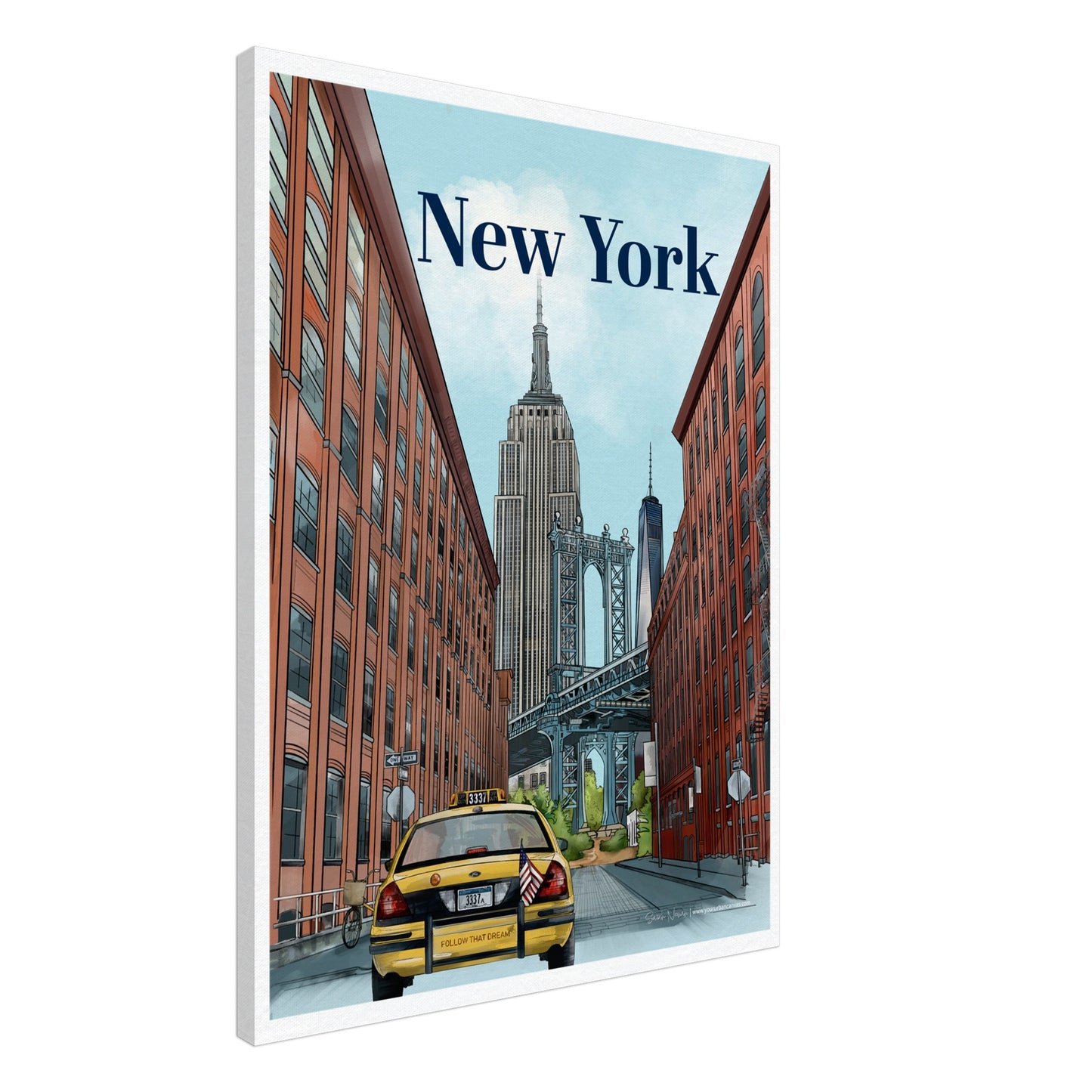 New York - Bold Typography on canvas, size 60x80cm, with an iconic NYC cityscape featuring the Manhattan Bridge from Dumbo, the Empire State Building, One World Trade Center, and a classic yellow taxi.