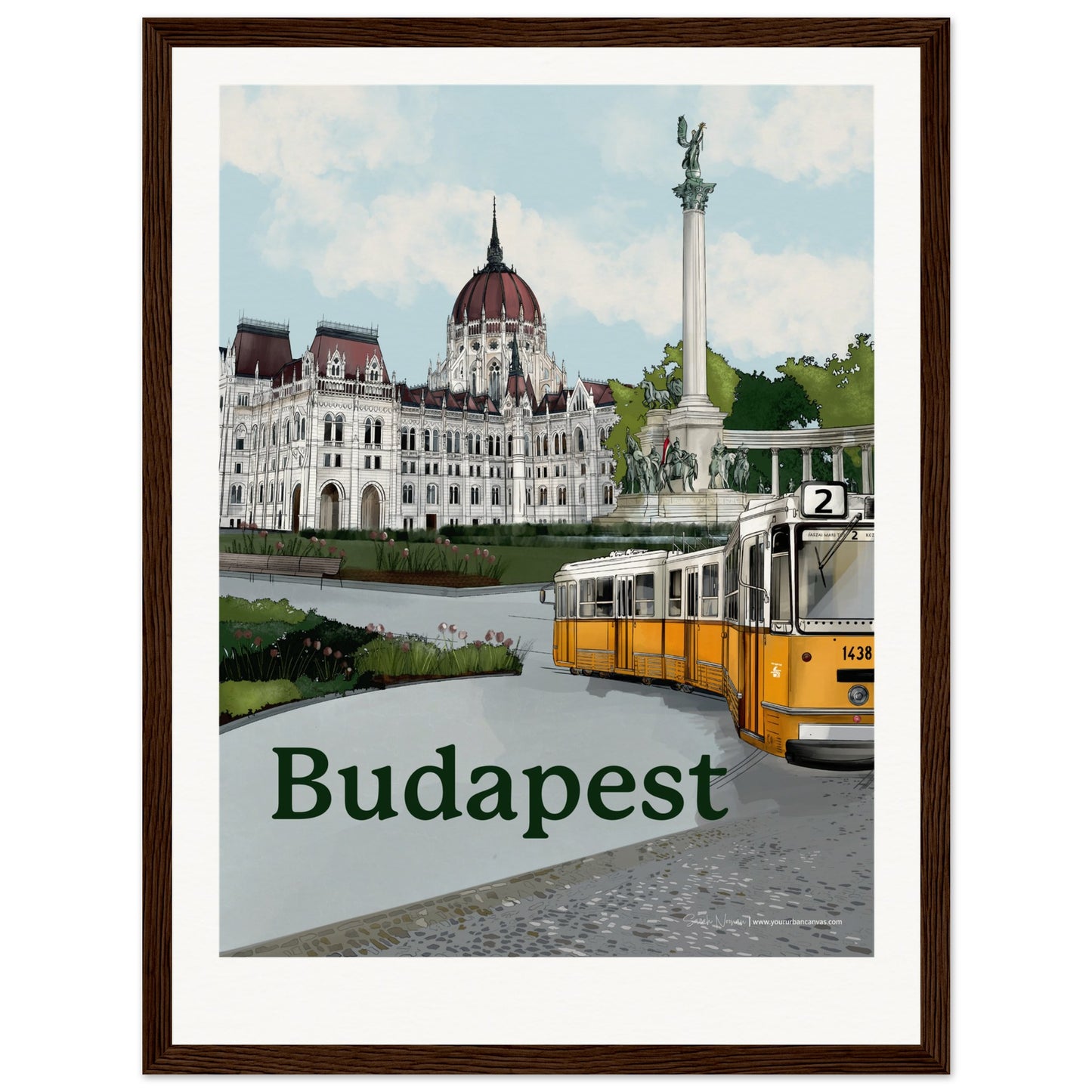 Budapest - Personalised Bold Typography print, size 30x40cm, framed in dark wood, offering a refined and bespoke depiction of Budapest's landmarks.