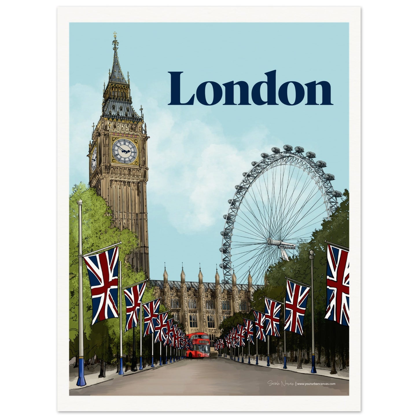 London - Bold Typography print, size 60x80cm, showcasing large, bold typography in a detailed and vivid design, with elements of Big Ben and Westminster.