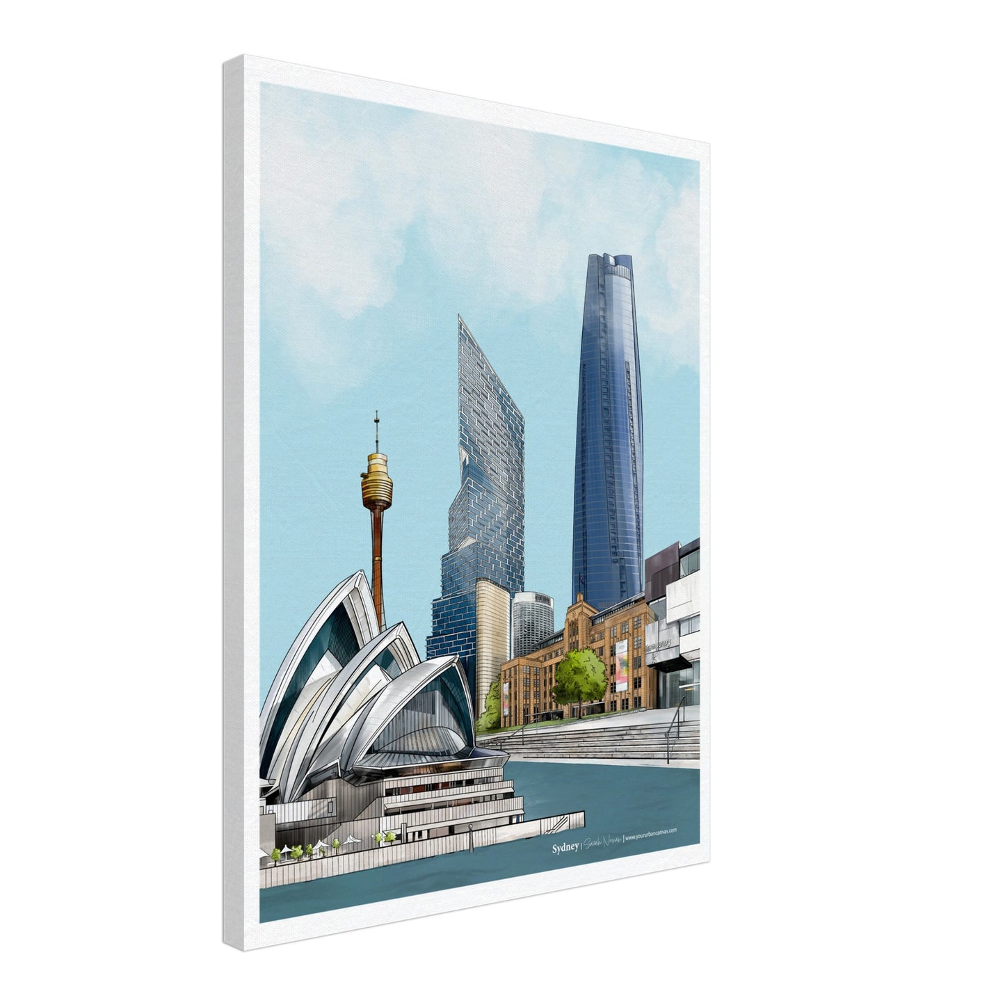 Sydney - Subtle Title print, size 45x60cm, on canvas, depicting the breath-taking skyline of Sydney, including the Sydney Opera House and Sydney Tower Eye.