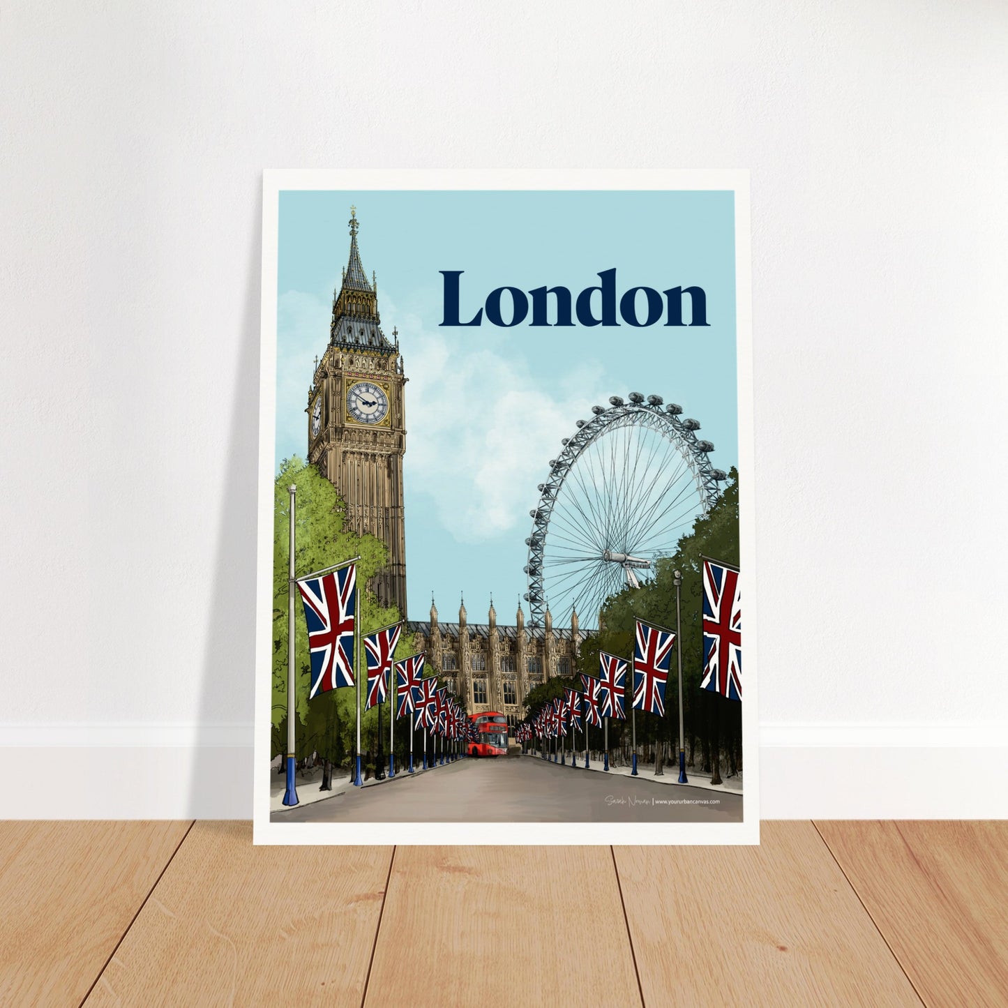 London - Bold Typography print, size 30x40cm, featuring bold font with a detailed depiction of Big Ben and the London Eye.