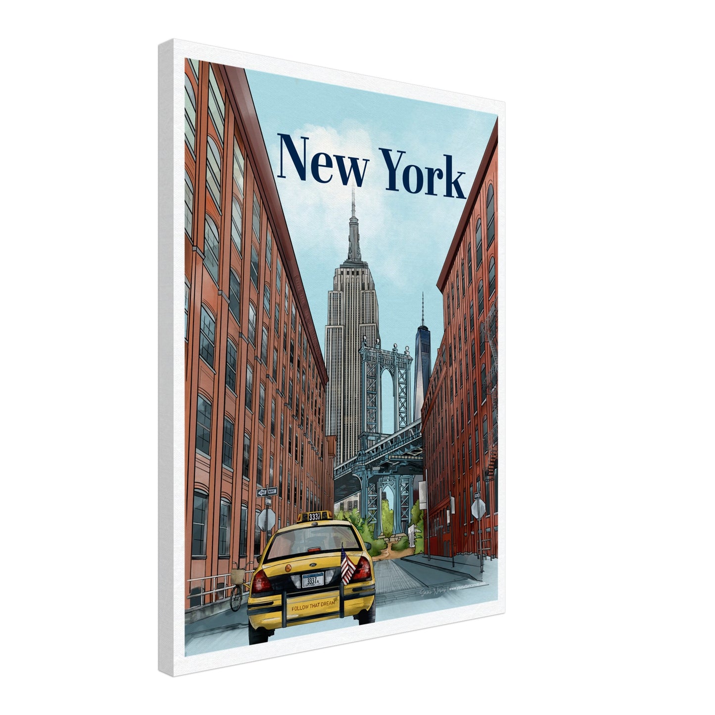 New York - Bold Typography on canvas, size 45x60cm, featuring NYC's famous Manhattan Bridge view from Dumbo, its skyline, a yellow cab, and urban street signs.