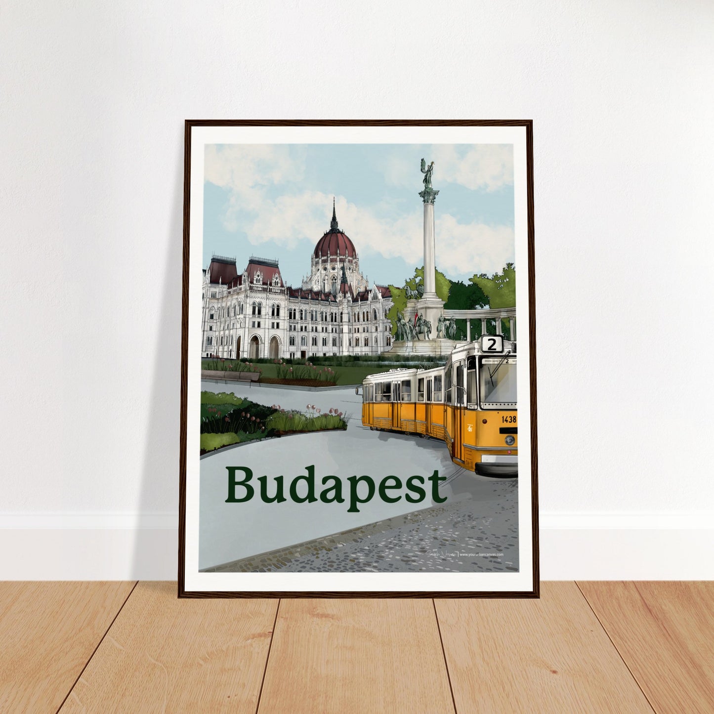 Budapest - Bold Typography print, size 60x80cm, framed in dark wood, blending bold text with a nod to Budapest's heritage, including its Parliament and cobbled tramways.