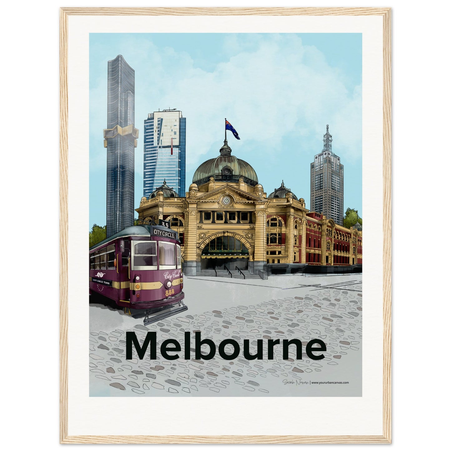 Melbourne - Personalised Bold Typography print, size 45x60cm, framed in natural wood, adding warmth and a personal touch to Melbourne's vibrant streets.