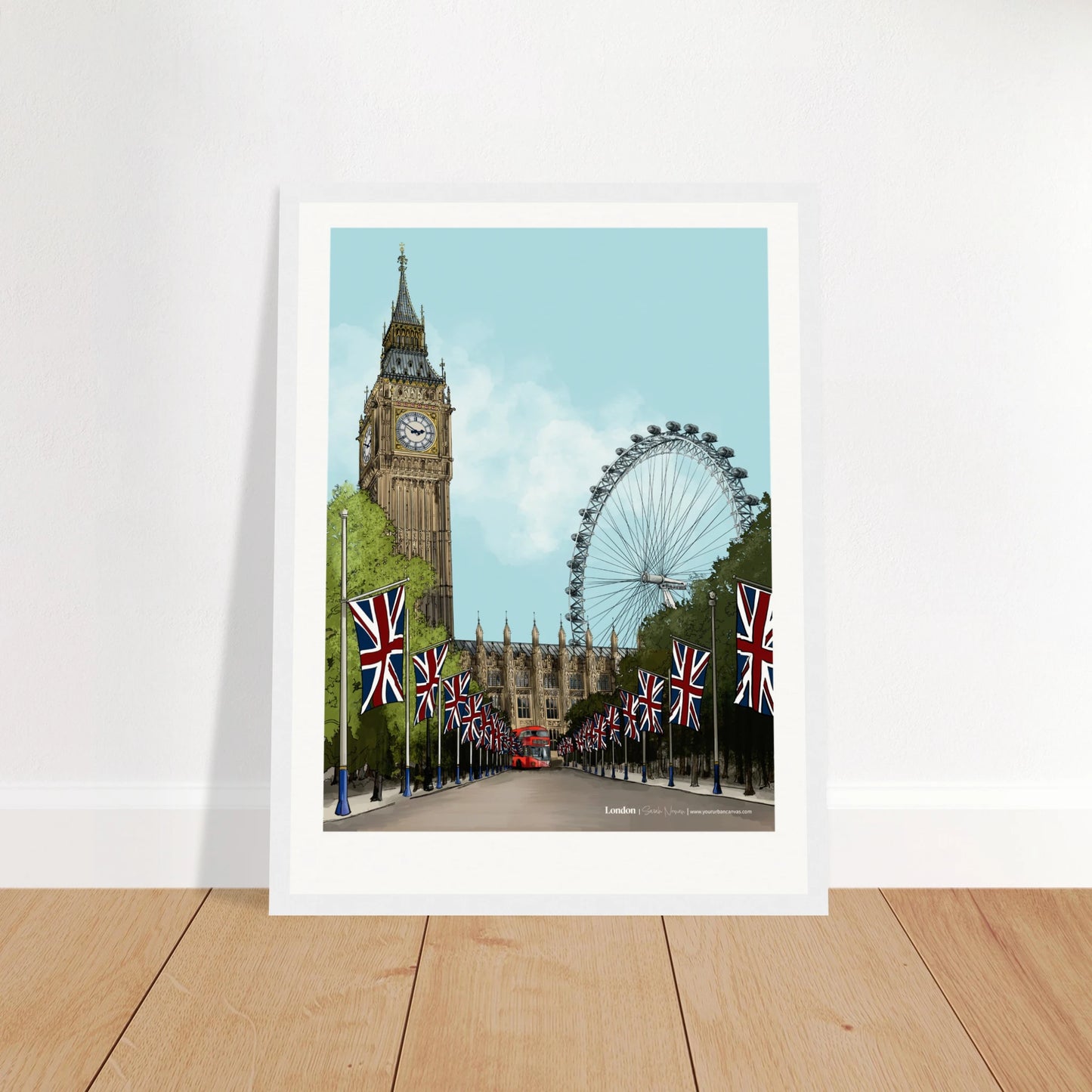 London - Bold Typography print, size 30x40cm, framed in white wood, with bold typography and stunning depiction of Buckingham Palace's tree-lined Mall, Big Ben and the London Eye.