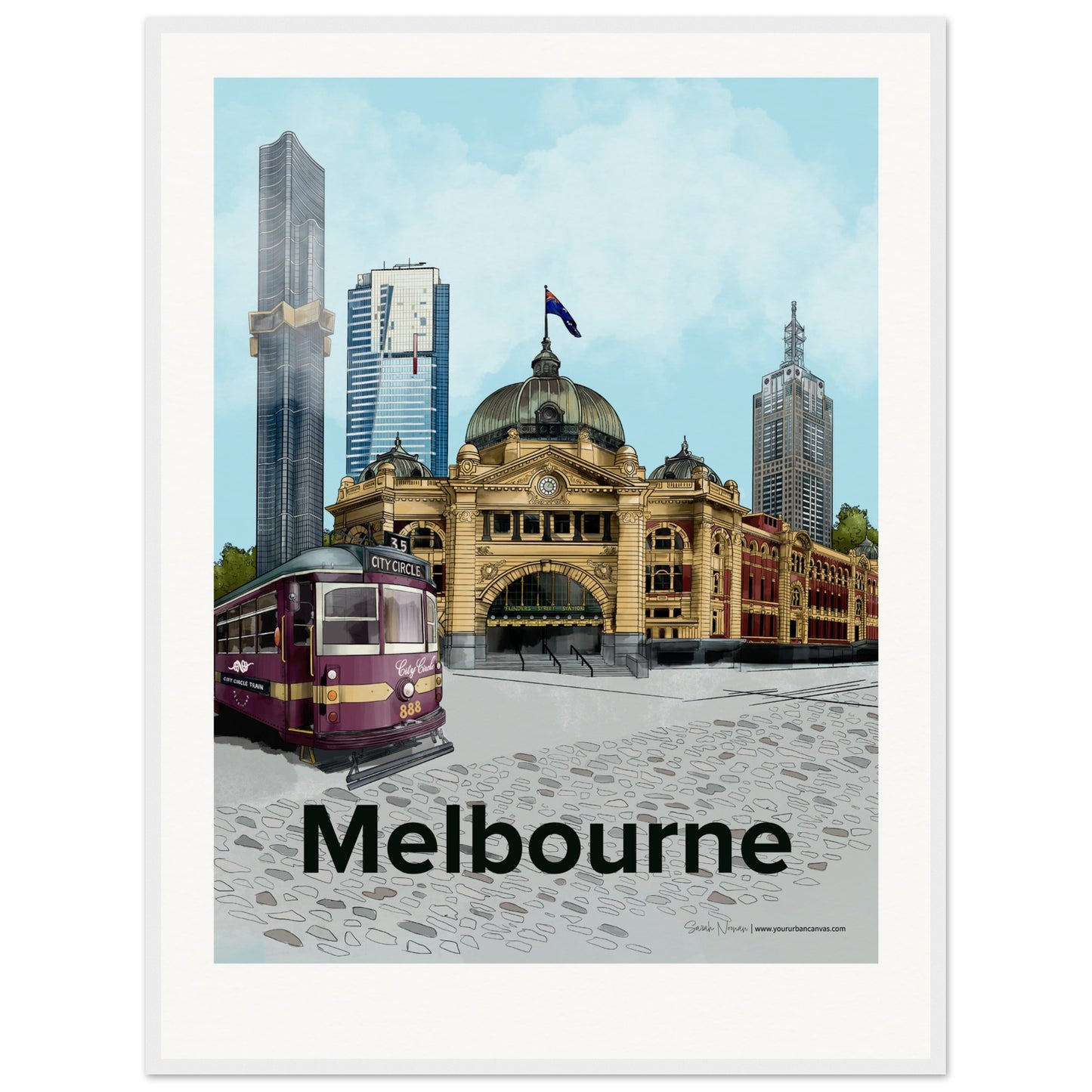 Melbourne - Personalised Bold Typography print, size 60x80cm, framed in white, presenting a crisp and tailored version of Melbourne's bustling city streets.