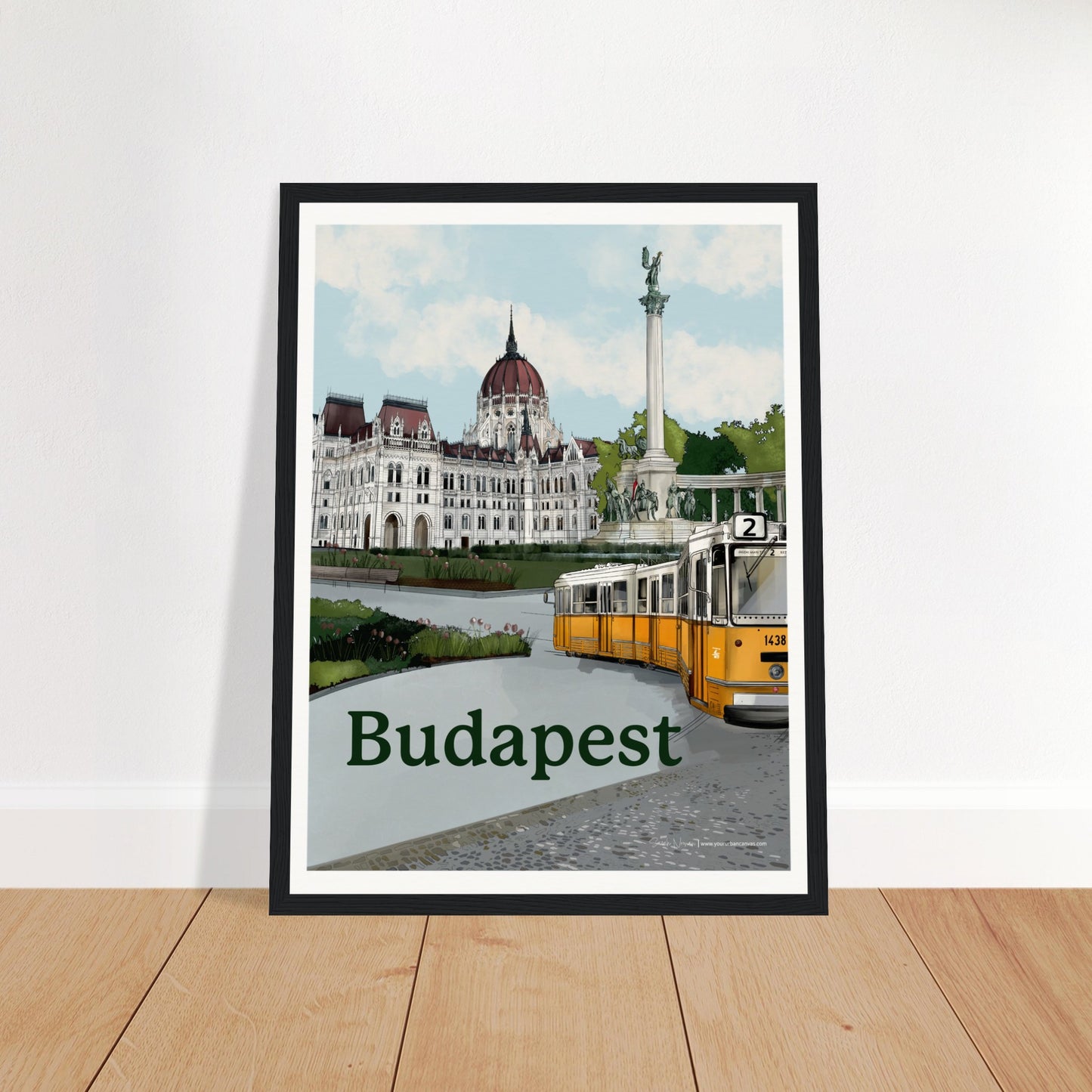 Budapest - Bold Typography print, size 30x40cm, framed in black wood, featuring striking typography and art representing the enchanting "Pearl of the Danube", renowned for its stunning architecture and landmarks.