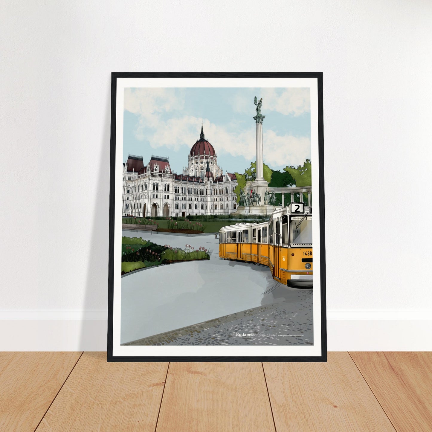 Budapest - Subtle Title print, size 45x60cm, framed in black, highlighting Budapest's landmarks, including the Parliament and the yellow tram on its famous cobbled streets.