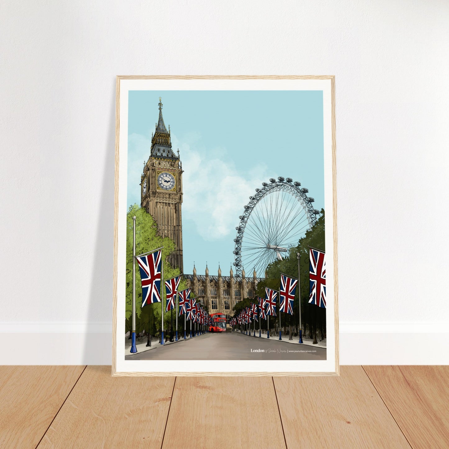 London - Subtle Title print, size 60x80cm, framed in natural wood, featuring a subtle cityscape of London with iconic landmarks like Big Ben and Westminster.
