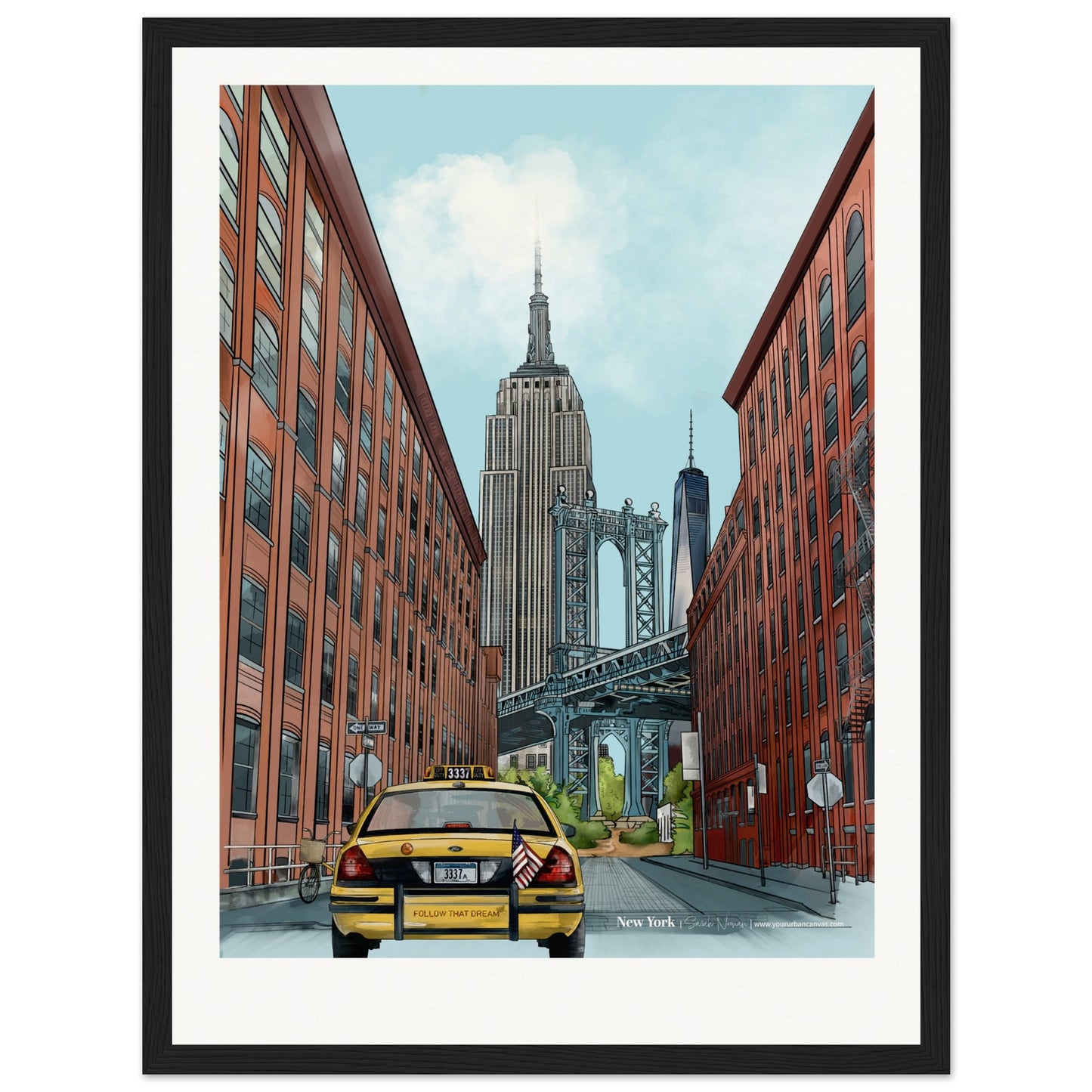 New York - Personalised Subtle Title print, size 30x40cm, framed in black, enhancing the depth and vibrancy of New York's cityscape with a focal point on the blue steel structure of Manhattan Bridge with your custom inscription.