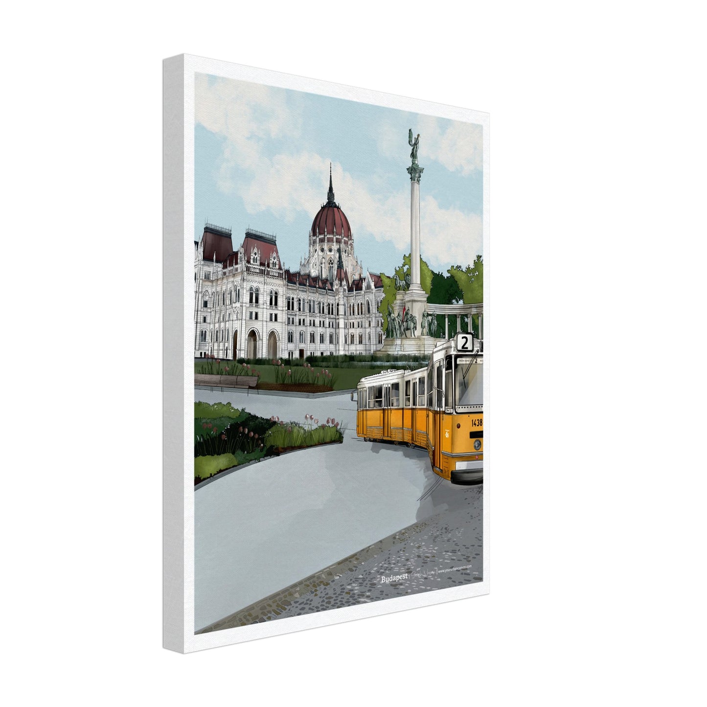Budapest - Subtle Title print, size 30x40cm, on canvas, depicting the Hungarian Parliament, Heroes' Square, and the iconic yellow tram on the cobblestone streets of Budapest.