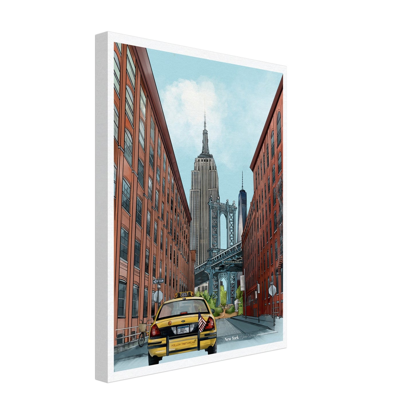 New York - Subtle Title print, size 30x40cm, on canvas, depicting the bustling streets of New York with the Empire State Building, yellow cab, and Dumbo Manhattan Bridge.