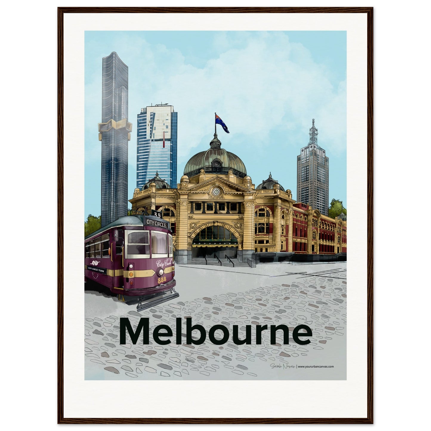 Melbourne - Personalised Bold Typography print, size 60x80cm, framed in dark wood, emphasising the city's architectural beauty with a refined and customised finish.