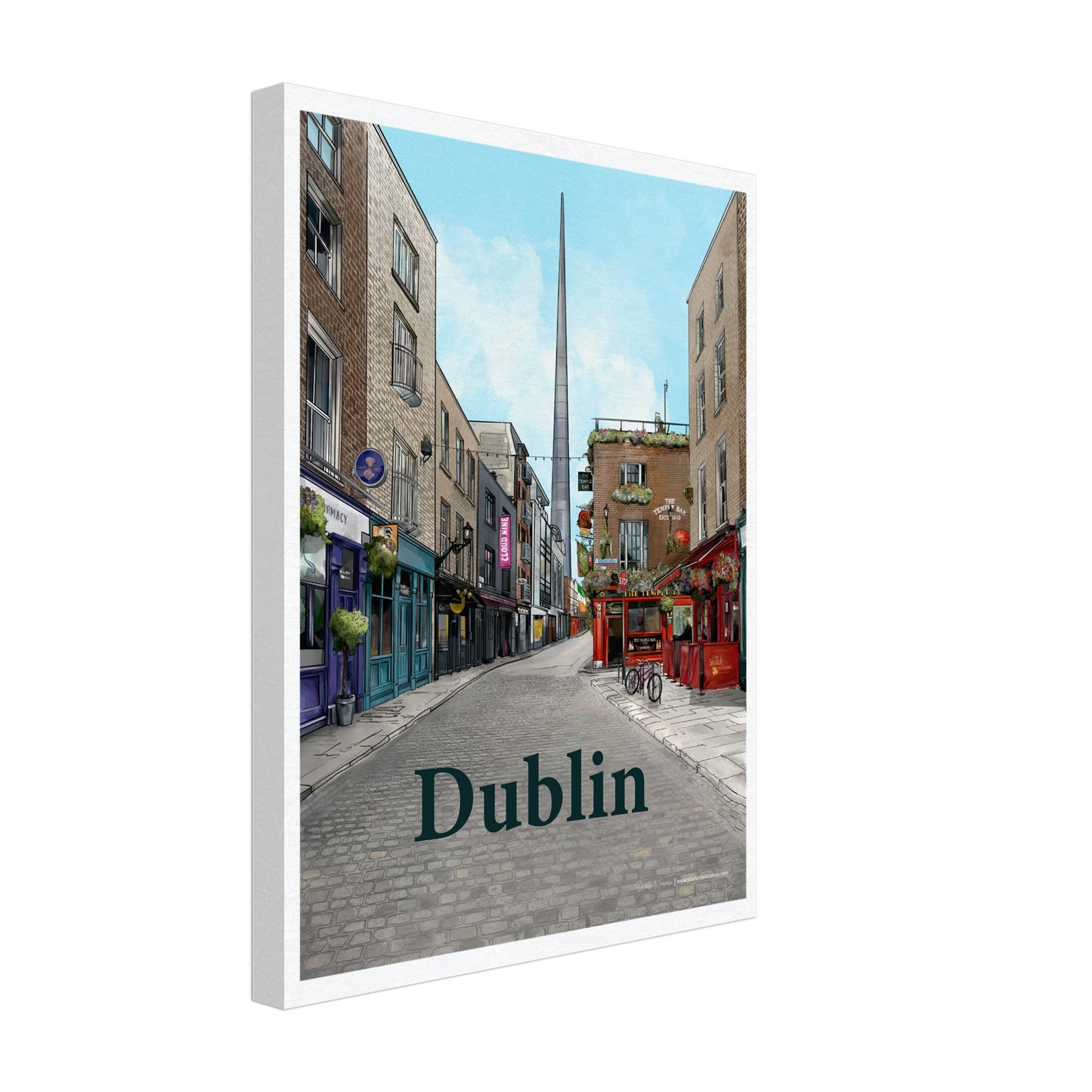 Dublin - Bold Typography on canvas, size 30x40cm, depicting Temple Bar's cobbled streets, historic buildings, and The Temple Bar Inn, with The Spire in the backdrop.