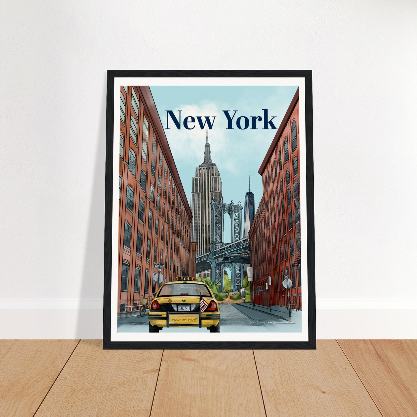 New York - Bold Typography print, size 30x40cm, framed in black wood, highlighting the Dumbo Manhattan Bridge view with New York's skyline, a yellow taxi, and classic city street signs.