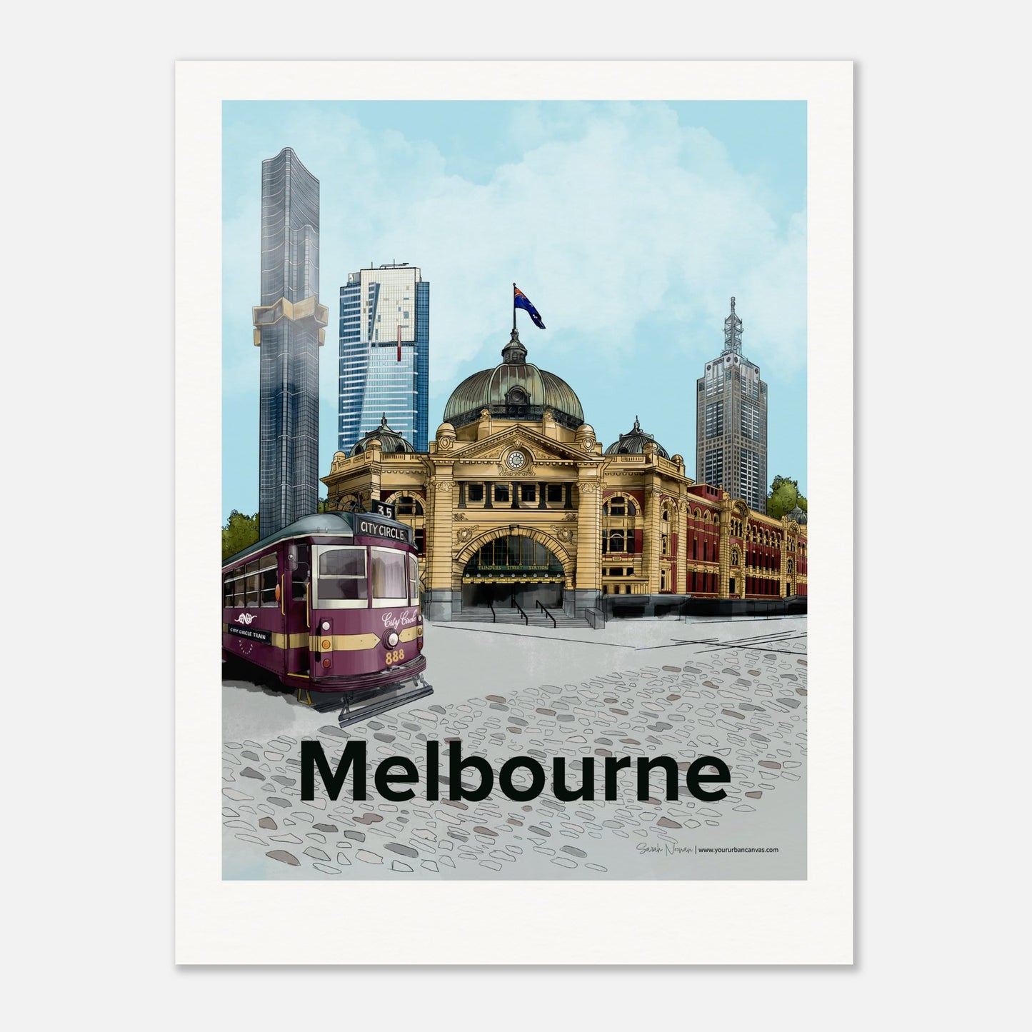 Melbourne - Personalised Bold Typography 30x40cm print, featuring Flinders Street Station and the City Circle Tram, customised with your chosen name or message.