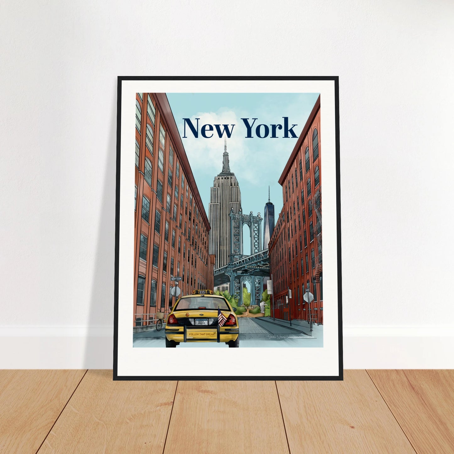 New York - Bold Typography print, size 60x80cm, framed in black wood, highlighting the Manhattan Bridge from Dumbo, NYC's skyline, a yellow taxi, and bustling street signs.