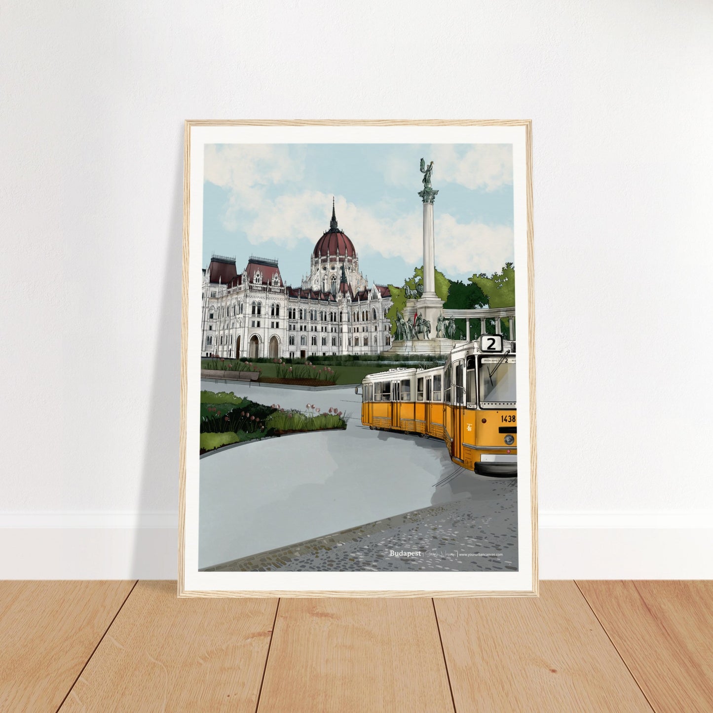 Budapest - Subtle Title print, size 60x80cm, framed in natural wood, enhancing the warm tones of Budapest's historic landmarks and cobbled streets.