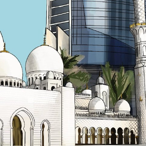 Etihad Towers with traditional architectural elements of the Sheikh Zayed Mosque in the foreground - Close up of artwork by Sarah Noonan