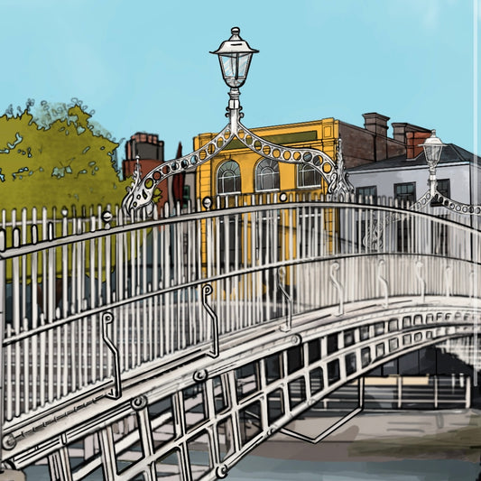 Close up of Ha'penny Bridge painting from the south bank capturing the bridge's elegant ironwork and iconic arch, leading the eye toward the historic Woollen Mills and The Winding Stair.