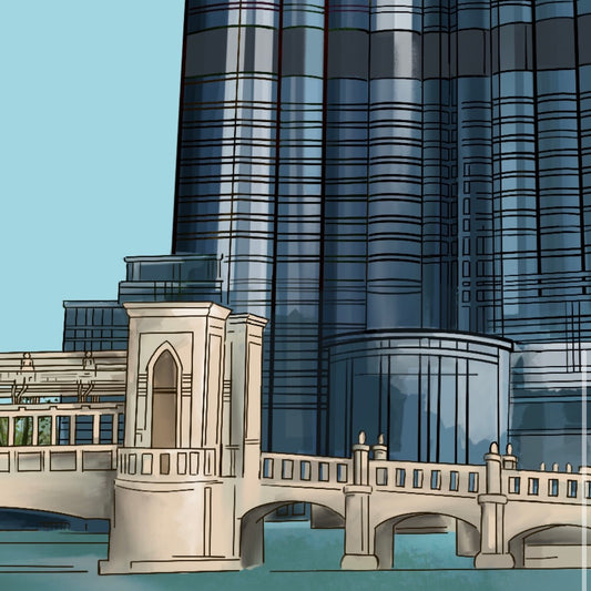 Close up of wall Art detail of Burj Khalifa and the bridge from Dubai Mall.