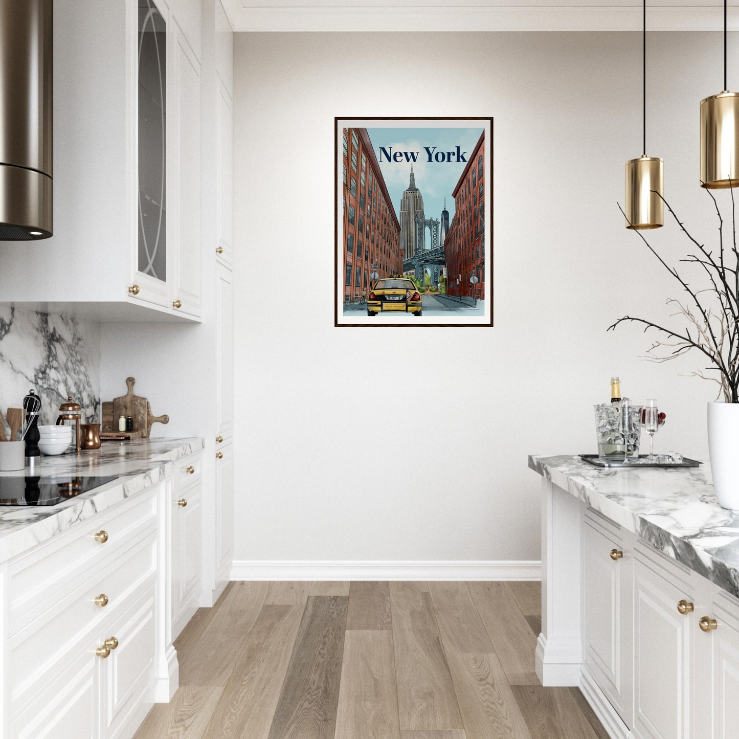 Large 60x80cm New York City artwork hanging in a modern kitchen interior Featuring iconic landmarks like the Manhattan Bridge, Empire State Building, and city architecture.