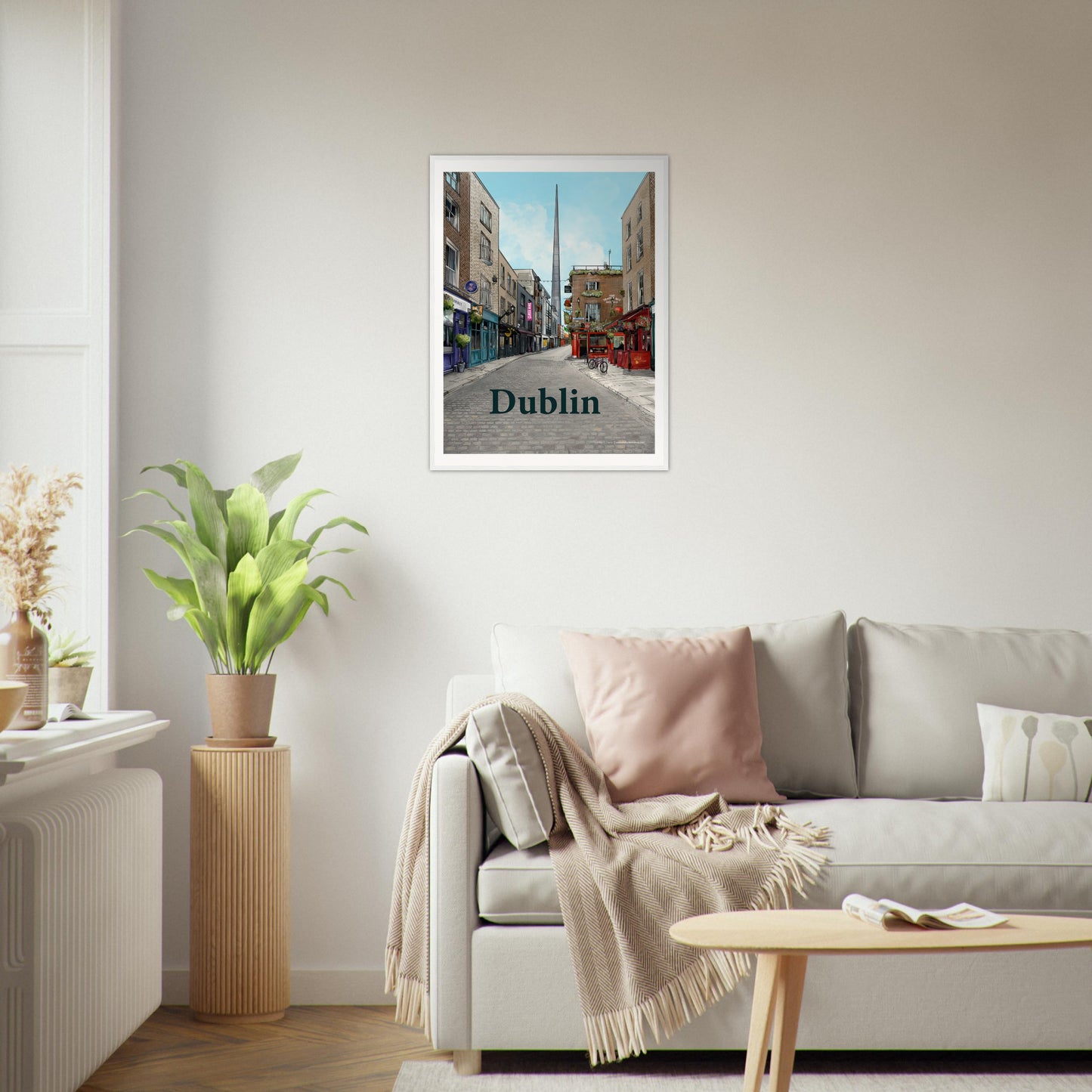 Richly detailed digital painting of a cobbled street in Temple Bar, Dublin, featuring period buildings, charming shopfronts, and The Temple Bar Inn. The Spire stands in the distance, adding a modern touch to the historic cityscape.