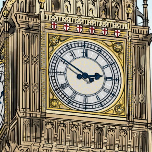 Close-up digital painting of Big Ben, capturing the intricate Gothic Revival details of the Elizabeth Tower, including ornate stone carvings, gilded clock face trim, Roman numerals, and iron spire elements, with rich textures and dramatic lighting that emphasize the craftsmanship and historical presence of London’s iconic landmark.