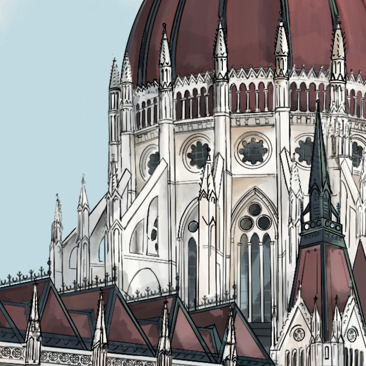Close-up digital painting of the Hungarian Parliament in Budapest, highlighting intricate architectural details of the central dome, neo-Gothic spires, and ornate façade with vibrant textures and rich colour contrasts, capturing the grandeur of the Danube riverside landmark.