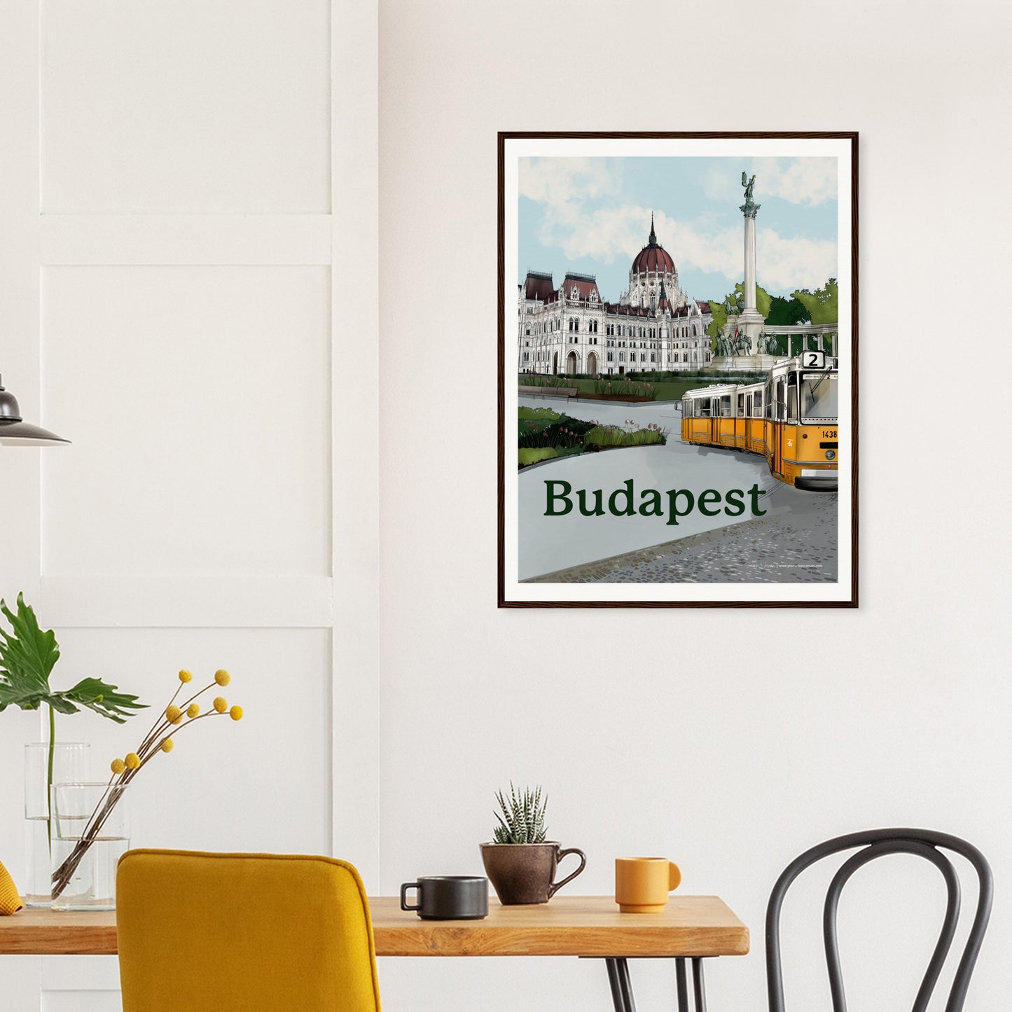 Perfect for any Interior - 60x80cm Budapest Artwork Hanging in dining area with wooden and orange hue modern furniture and interiors.